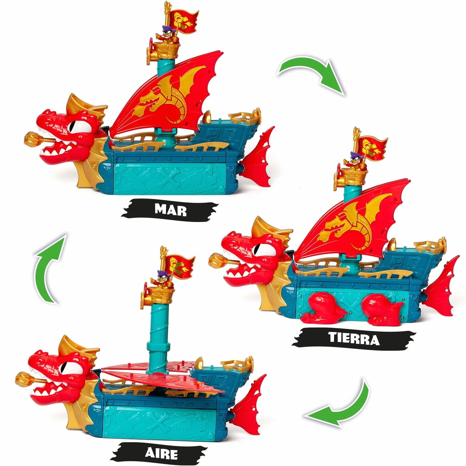 PIRATIX Dragon Ship – Barco Dragón de Piratix Todo Terreno 3 en 1: Tierra, Mar y Aire. Contiene 1 Barco Dragón, 1 Piratix Exclusivo, 1 Tesoro Exclusivo, 1 Bandera y 1 proyectil