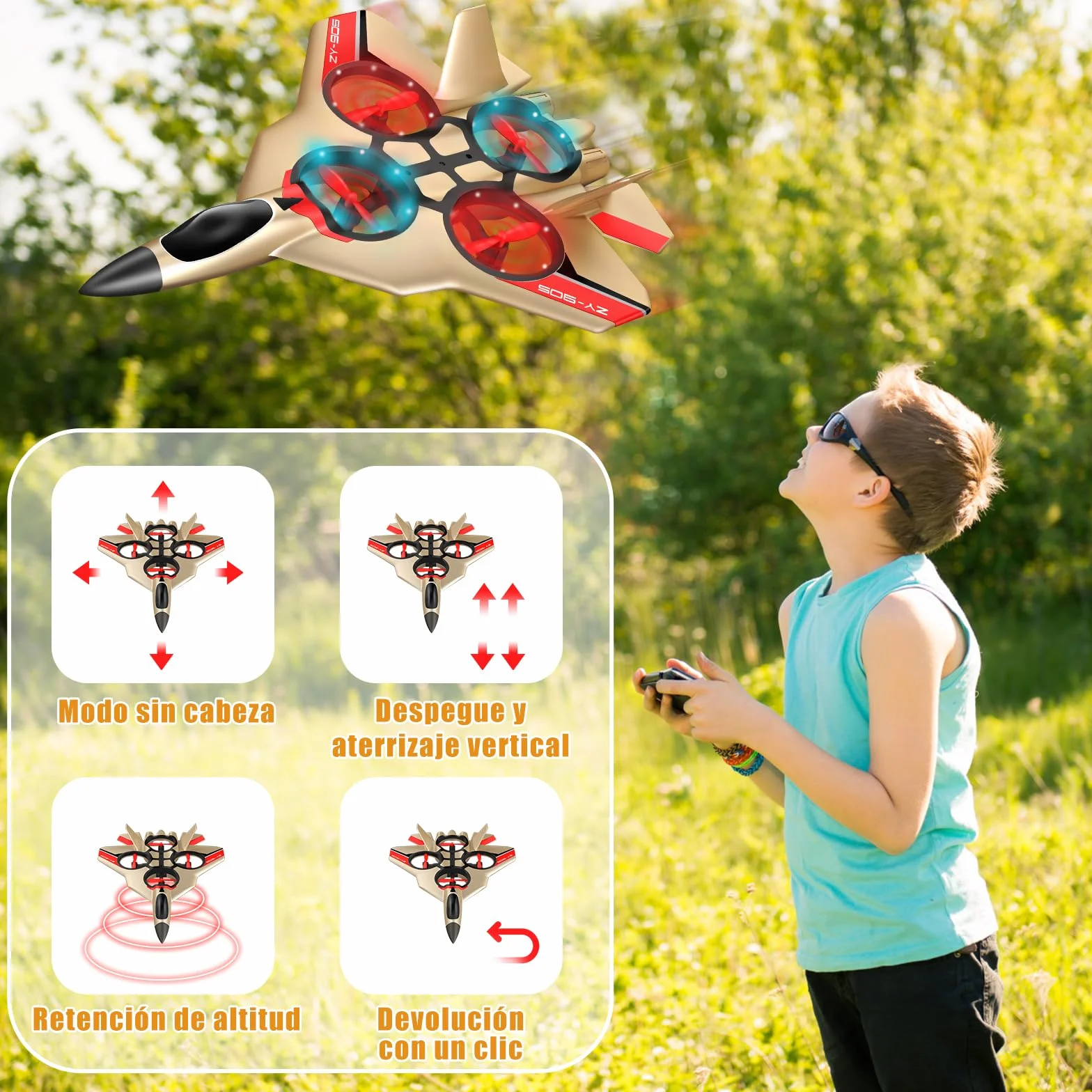JONRRYIN Avión Teledirigido, 2.4 GHz Aviones de Radiocontrol con Baterías y Estabilizador de Giroscopio de 4 Ejes, Avión RC Juguete con Luz LED para Principiantes Niños Adultos (Gold)