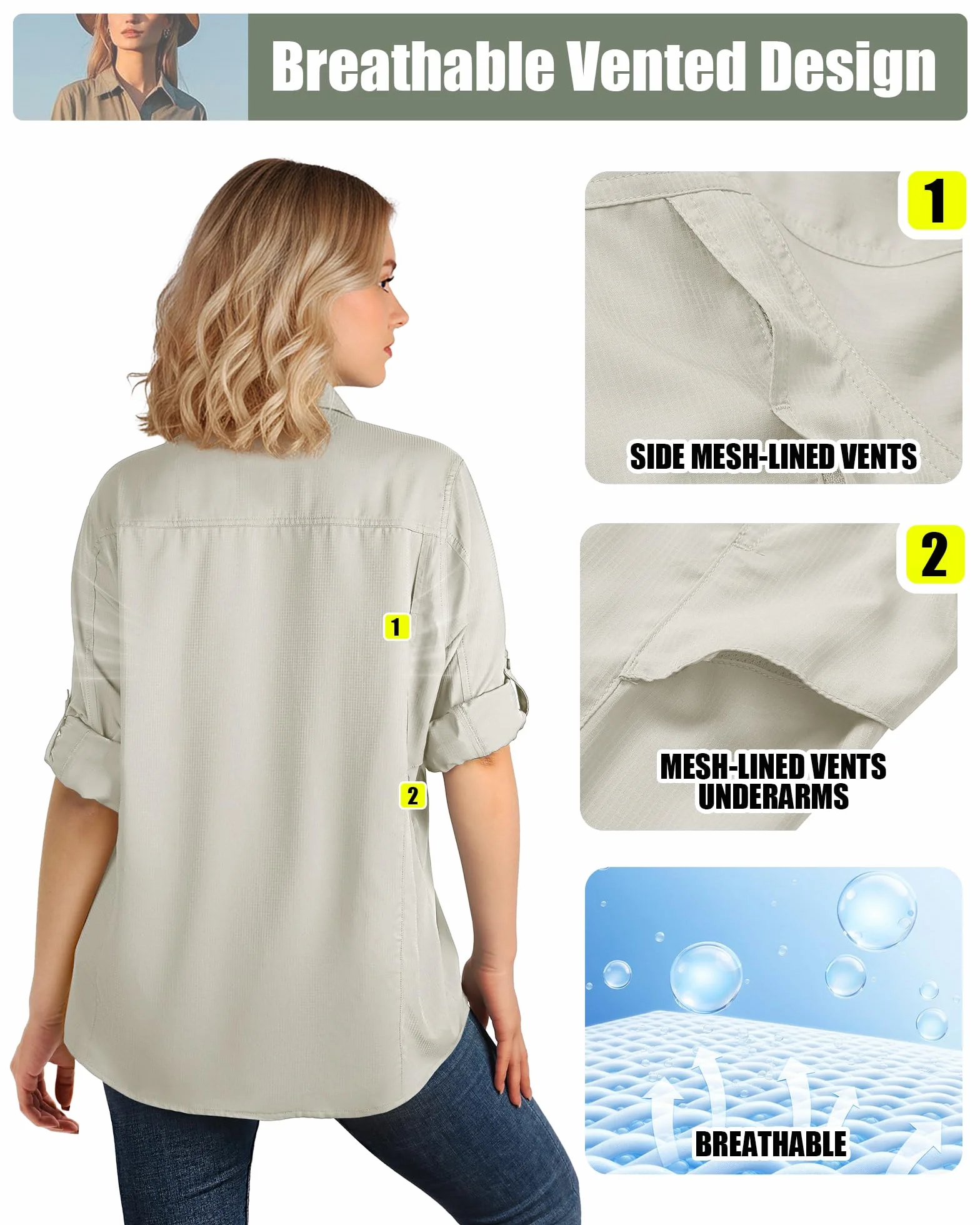 Camisa para mujer UPF50 protección UV secado rápido botones transpirable senderismo safari pesca viajes
