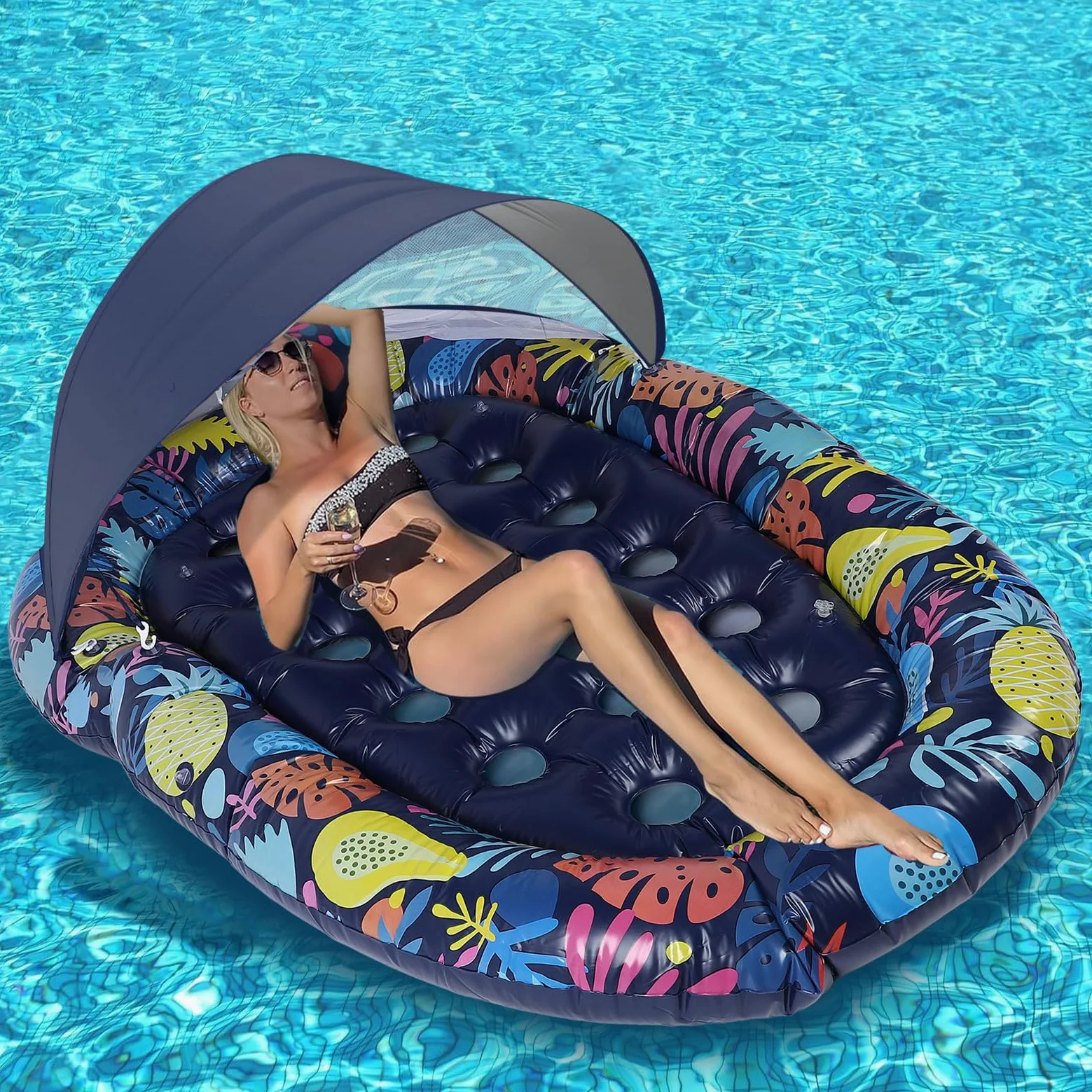 Tumbona Flotante para Piscina 3 en 1 con toldo Desmontable y portavasos Flotador Inflable Grande para Piscina para Adultos Fiesta en el Lago en la Playa Material de PVC 72,83 x
