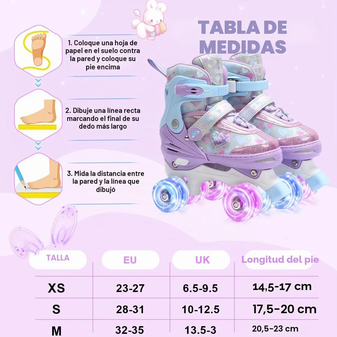 Patines 4 Ruedas Niña con Ruedas Luminosas, 4 Tallas Ajustables, Patines para Principiantes