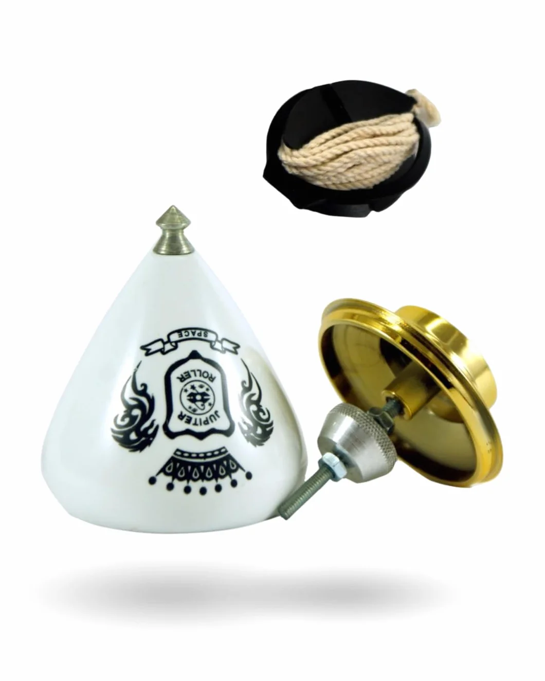 TROMPOS SPACE - Trompo Profesional Júpiter Roller de Gran Diámetro, Peonza con Punta Roller de Doble Rodamiento, Centro de Gravedad Modulable y Tapa Calibrable, Cuerda y Packaging Oficial, Color Plata