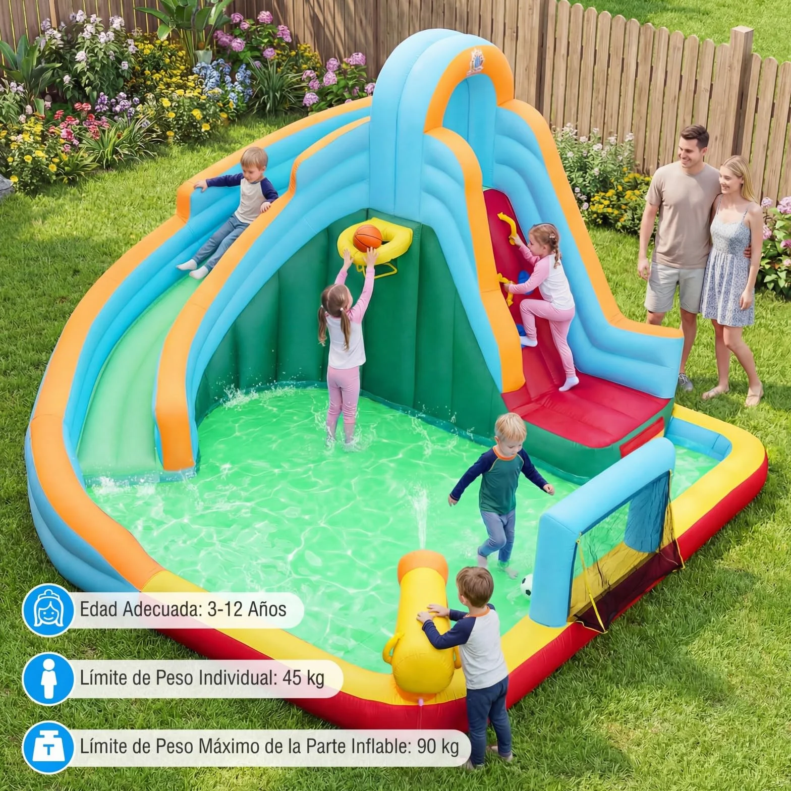 COSTWAY Castillo Hinchable Niños con Tobogán AcuáTico, Parque Infantil Inflable con Bolas Oceánicas, Fútbol, Baloncesto, Muro de Escalada, Aro, Portería y Cañón de Agua para 3 a 12 Años (Sin Soplador)