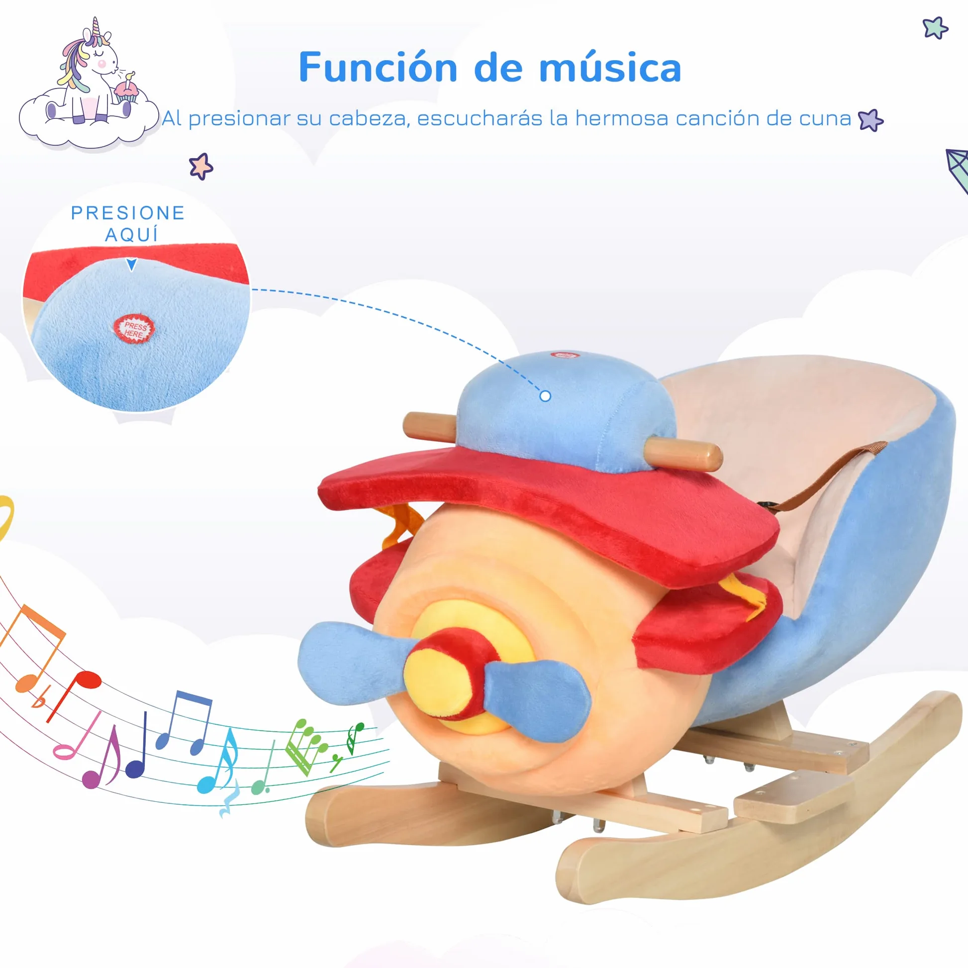 HOMCOM Caballo Balancin Niño Avion Peluche+Musica Cinturon Seguridad Caballito Infantil