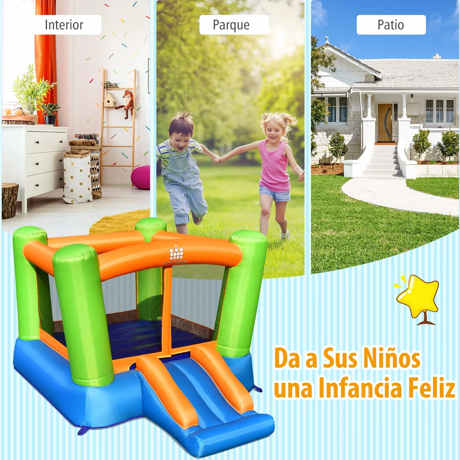 COSTWAY Castillo Hinchable, 2 en 1 Castillo Hinchable para Niños 3 a 10 años, 250 x 195 x 143 cm, Insuflavel Crianças Interior Exterior (sin Solplador)