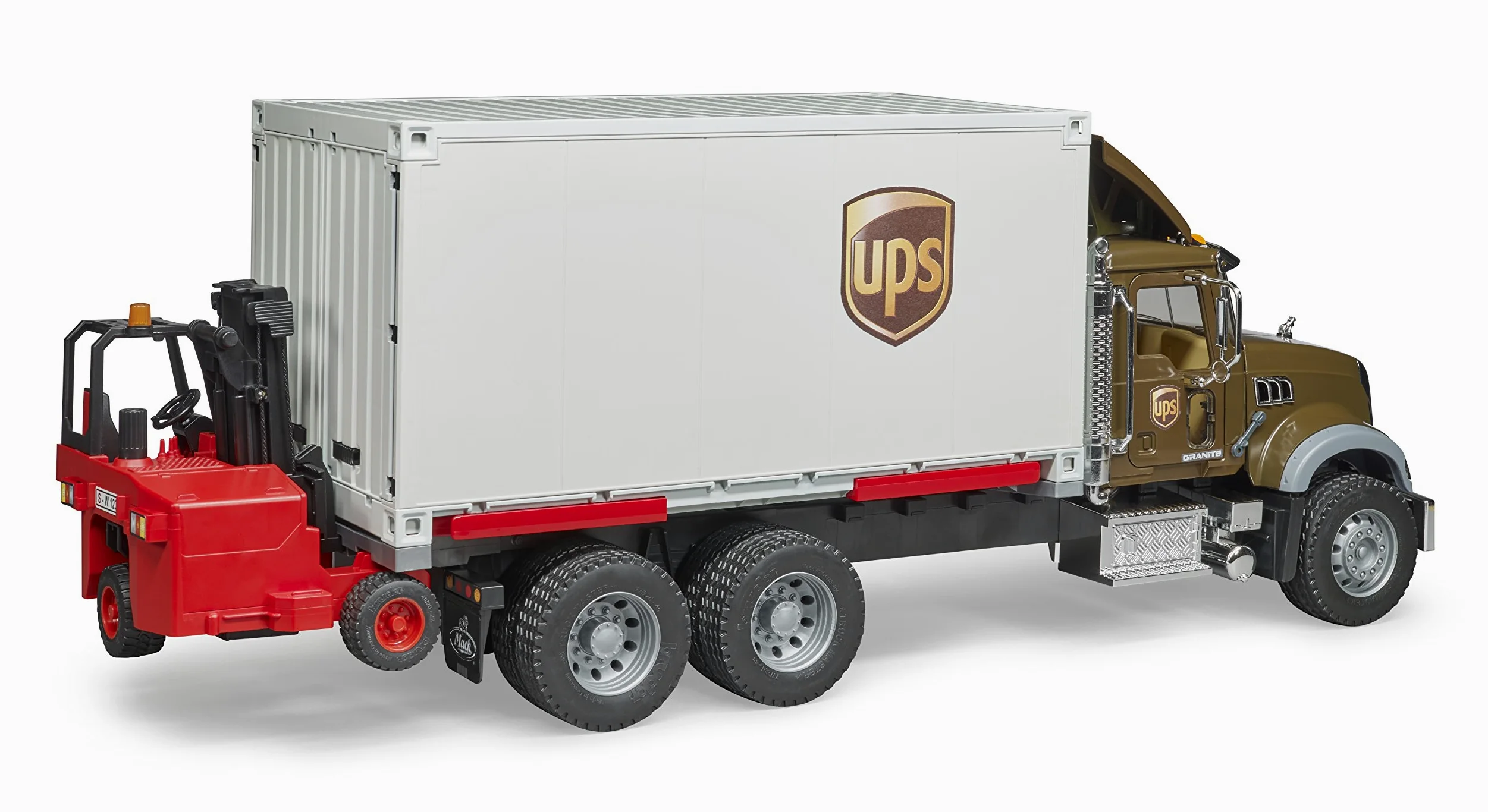 bruder 02828 - Mack Granito UPS Logística Camión Incluido Carretilla Elevadora | Vehículo de logística con carretilla elevadora, servicio de paquetería, envíos, juguete a partir de 4 años, 1:16