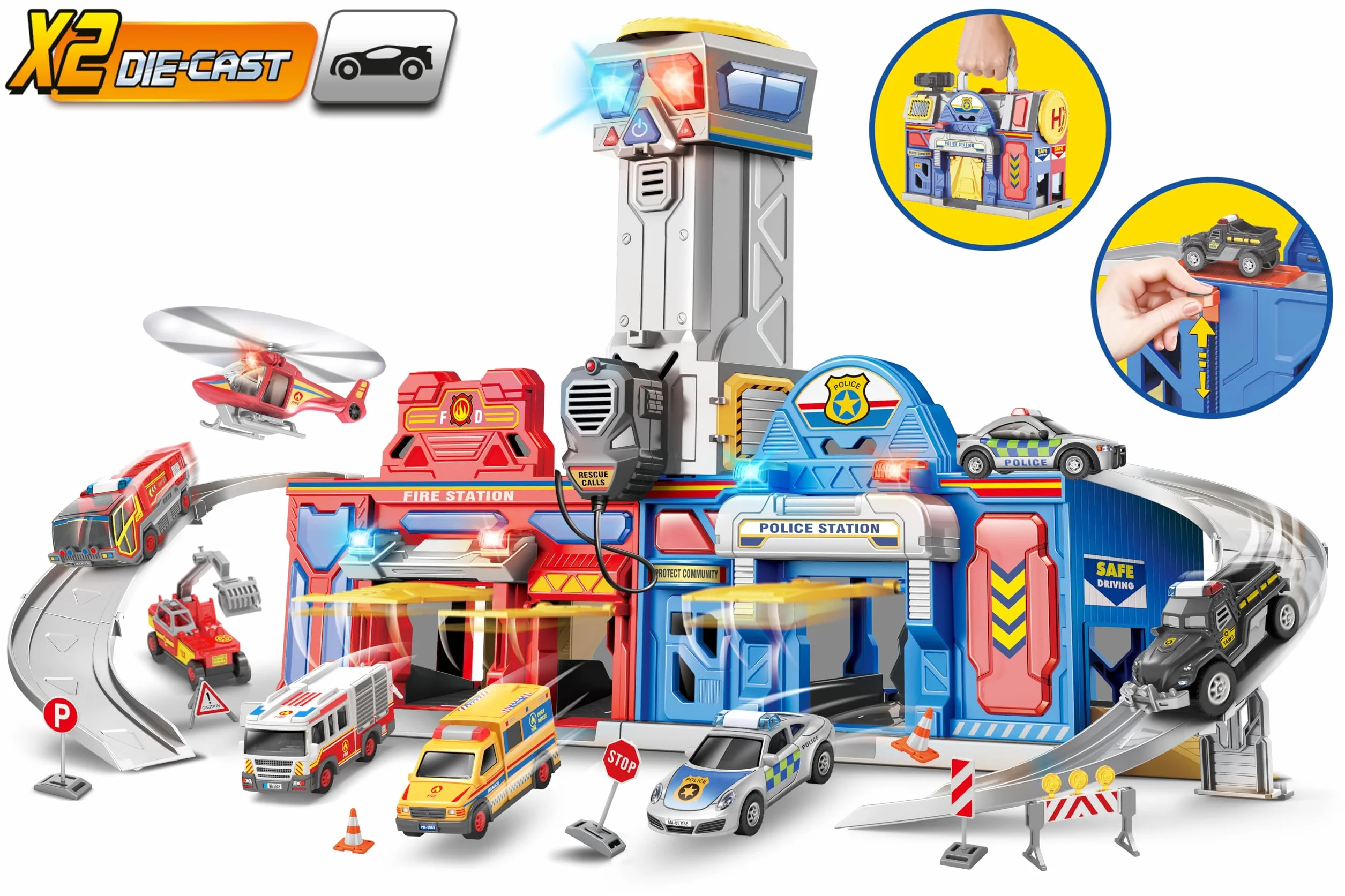 Gran estación de emergencia con sonidos y luces - Bomberos y policía - Sonidos y luces - Megáfono - 2 modelos de coche die-cast incluidos - Dimensiones 75 x 39 x 30 cm - Globo Juguetes - WToy 42189