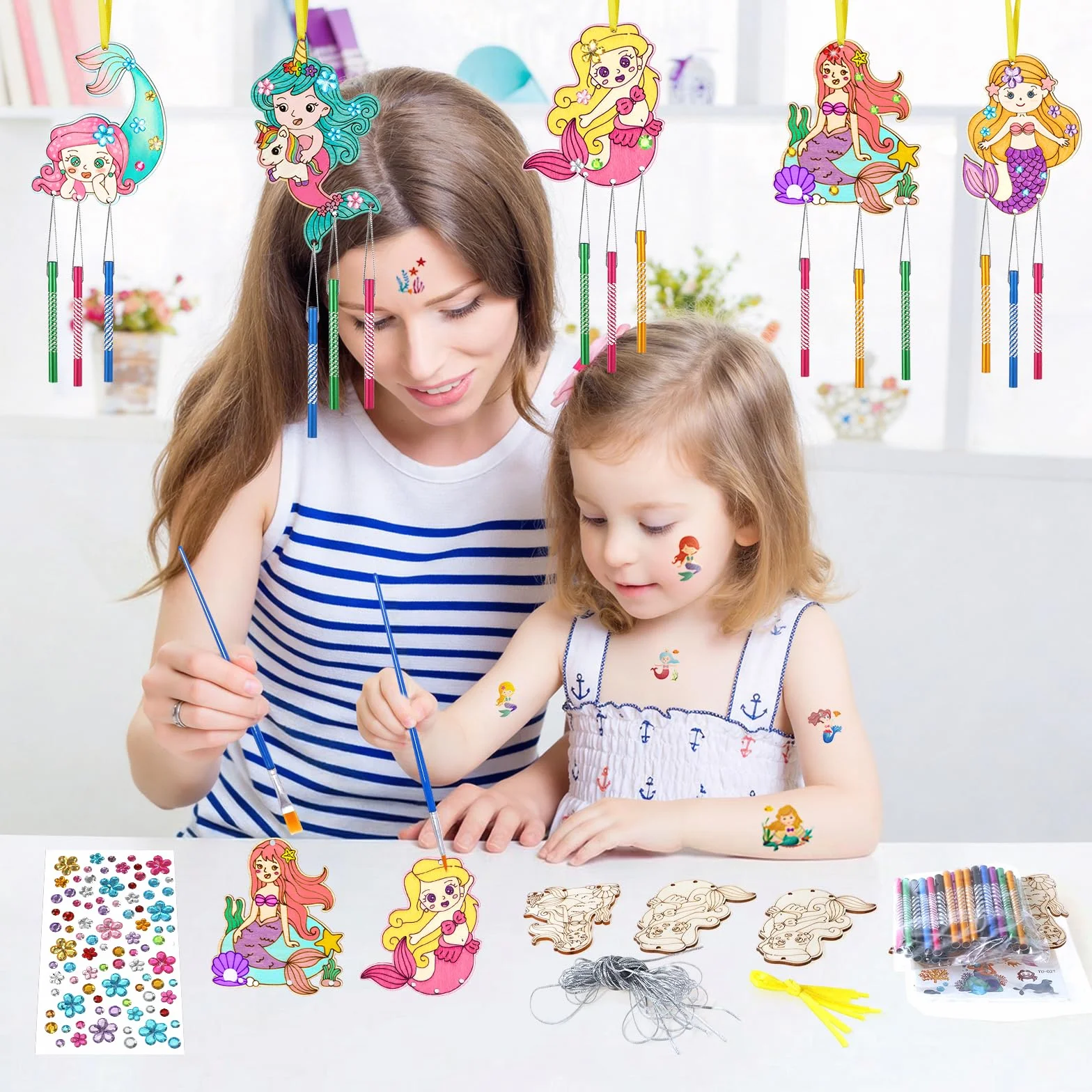 SRIZIAN 10piezas Sirena Manualidades para Niñas Kit de Manualidades de Campanillas de Viento de Madera de Sirena Regalos Manualidades Decoración para Fiestas Puertas y Jardines Bricolaje