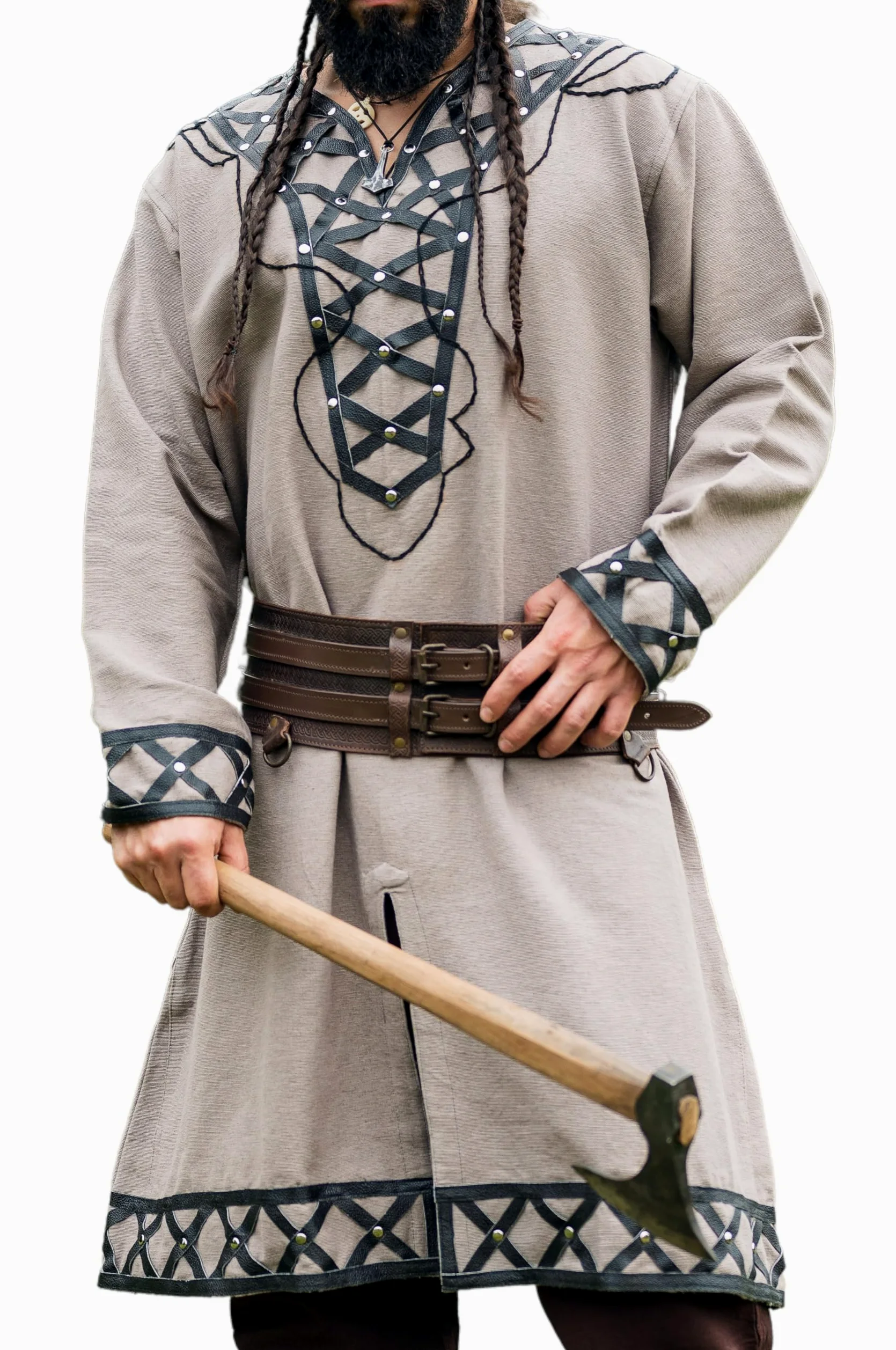 Leonardo Carbone Túnica vikinga Erik – Ropa medieval para hombre, camisas casuales de manga corta, disfraz de carnaval, túnica vikinga, ropa LARP – 100% algodón con aplicaciones de piel