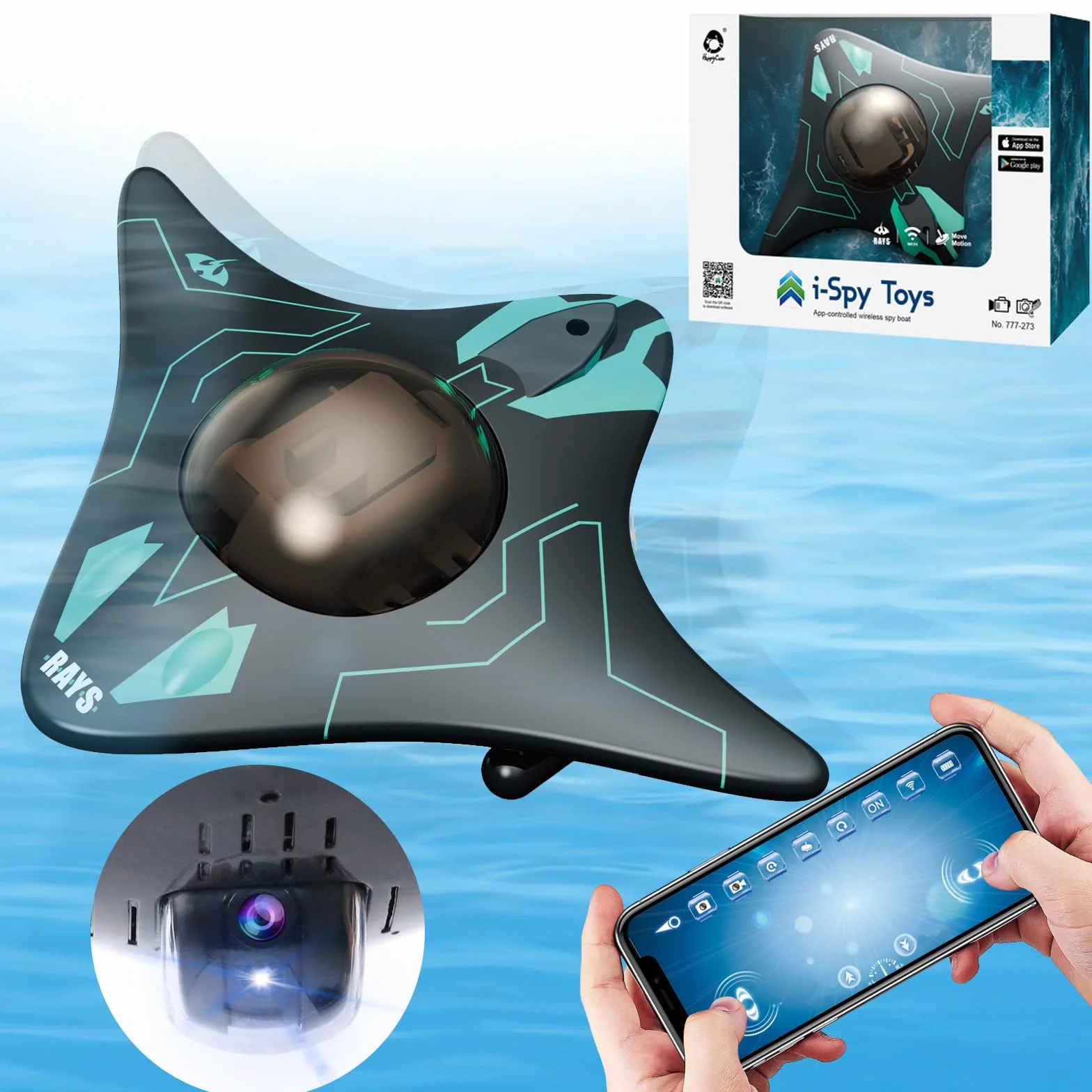 OBEST Barco teledirigido con cámara HD ajustable de 90°, juguete acuático operado por app, luces LED, nave espacial de agua rápida, adecuado para piscinas al aire libre