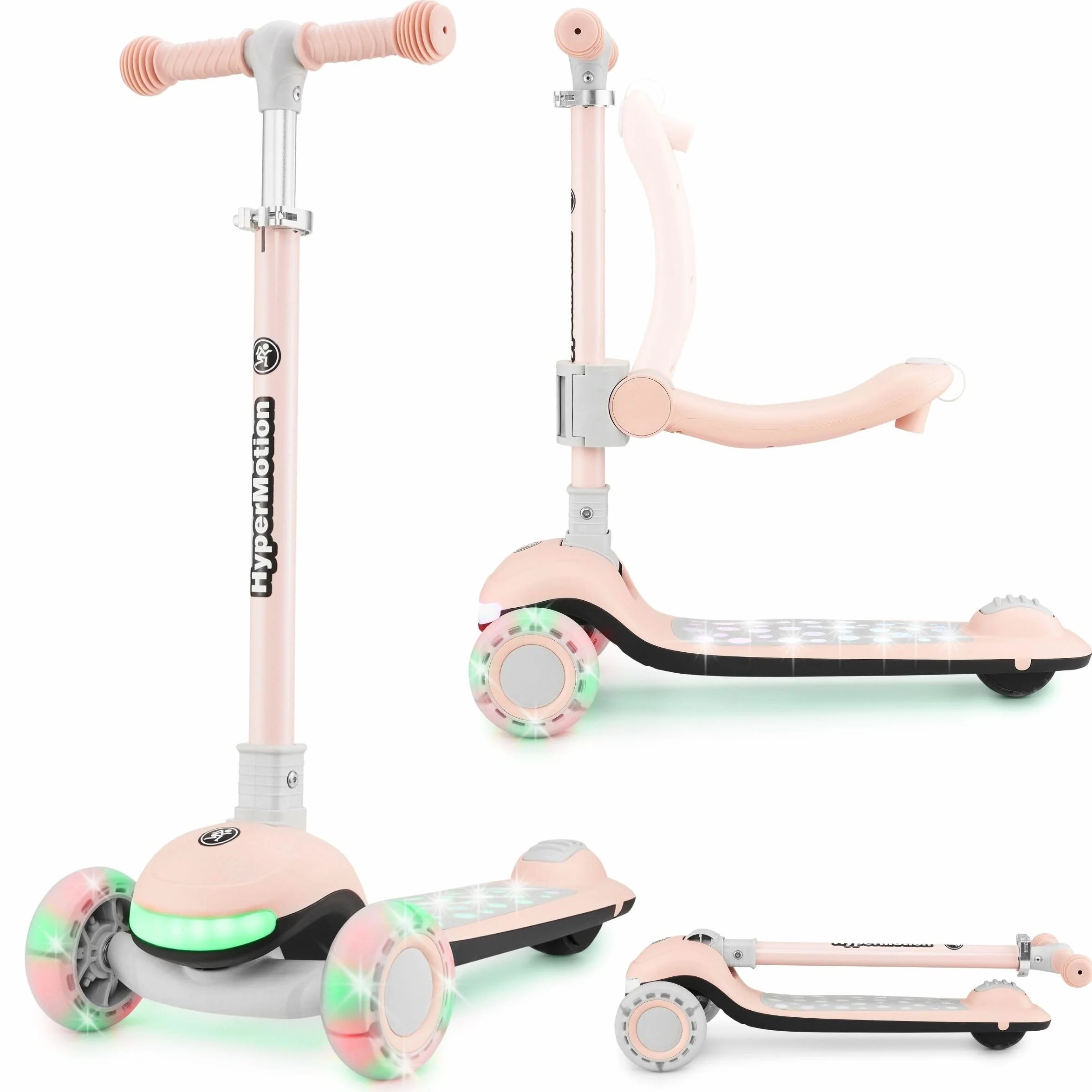 HyperMotion Patinete para niños con Luces LED 3 en 1 LUMI, Asiento Ajustable, Plegable, Ruedas de PU, Manillar T-Bar, hasta 50 kg, Desde 1 año, Uso Interior y Exterior (Rosa)