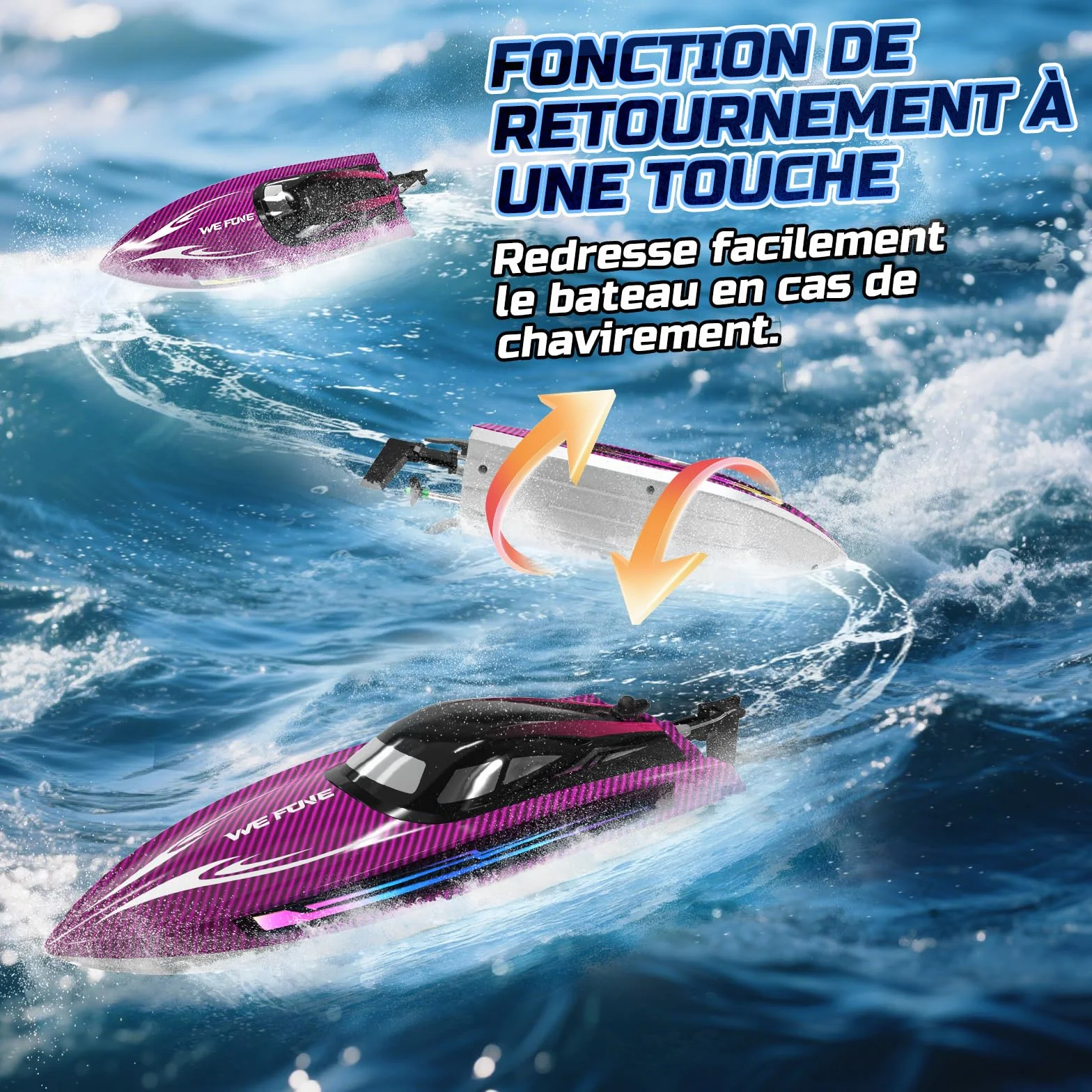 WeFone Barco RC de Alta Velocidad para Niños y Adultos, Más de 15 mph, Lancha Teledirigida con Luces LED, Autoenderezable, Modo Demo, Impermeable, Piscinas y Lagos, 2 Baterías 40 Min, Morado