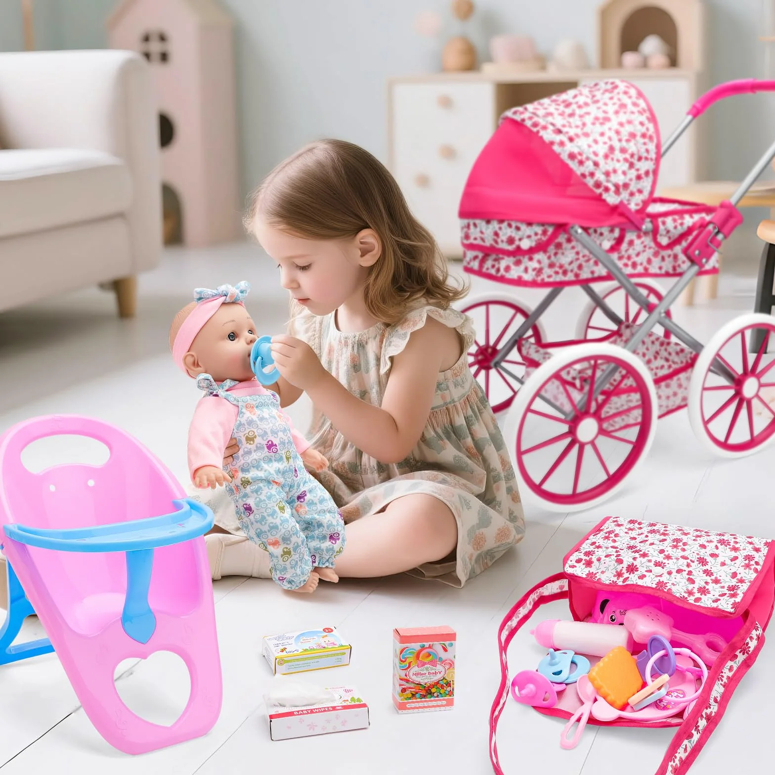 deAO Carrito Bebe Juguetes 31cm Muñecos Bolso Accesorios Ropa Muñecas