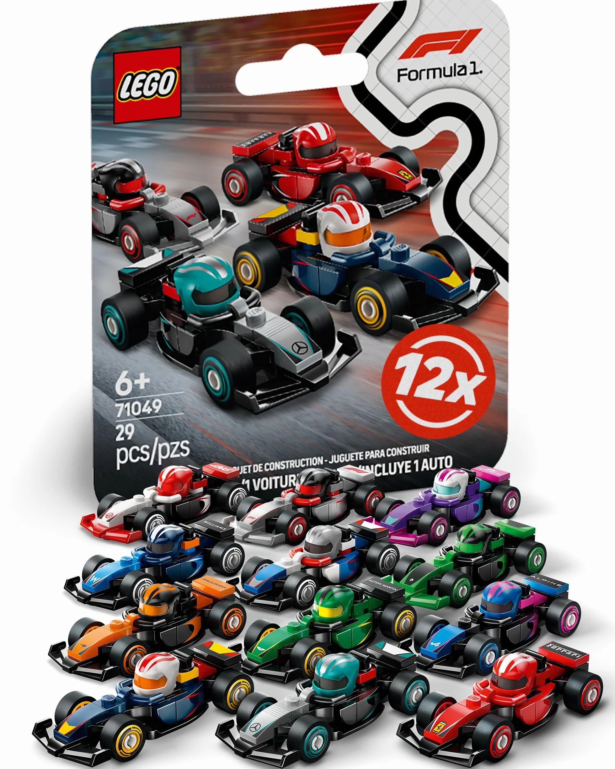 Serie de mini figuras LEGO F1 con 12 coches de Fórmula 1 - Juego completo de la serie de minifiguras Lego 71049