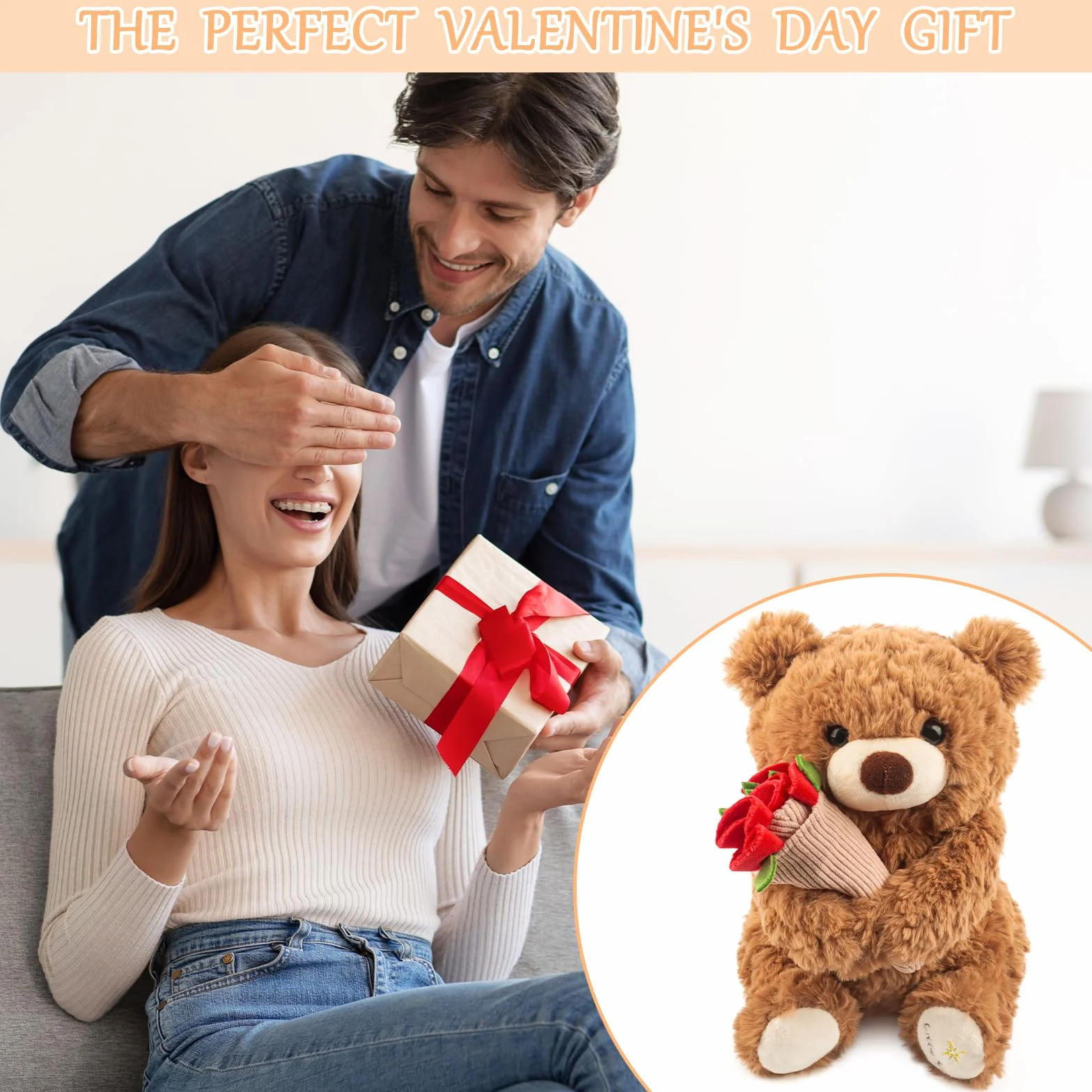 Oso de peluche con rosa y gorro, 30 cm, oso de tela, oso de peluche, suave oso de peluche, regalo de San Valentín (marrón)
