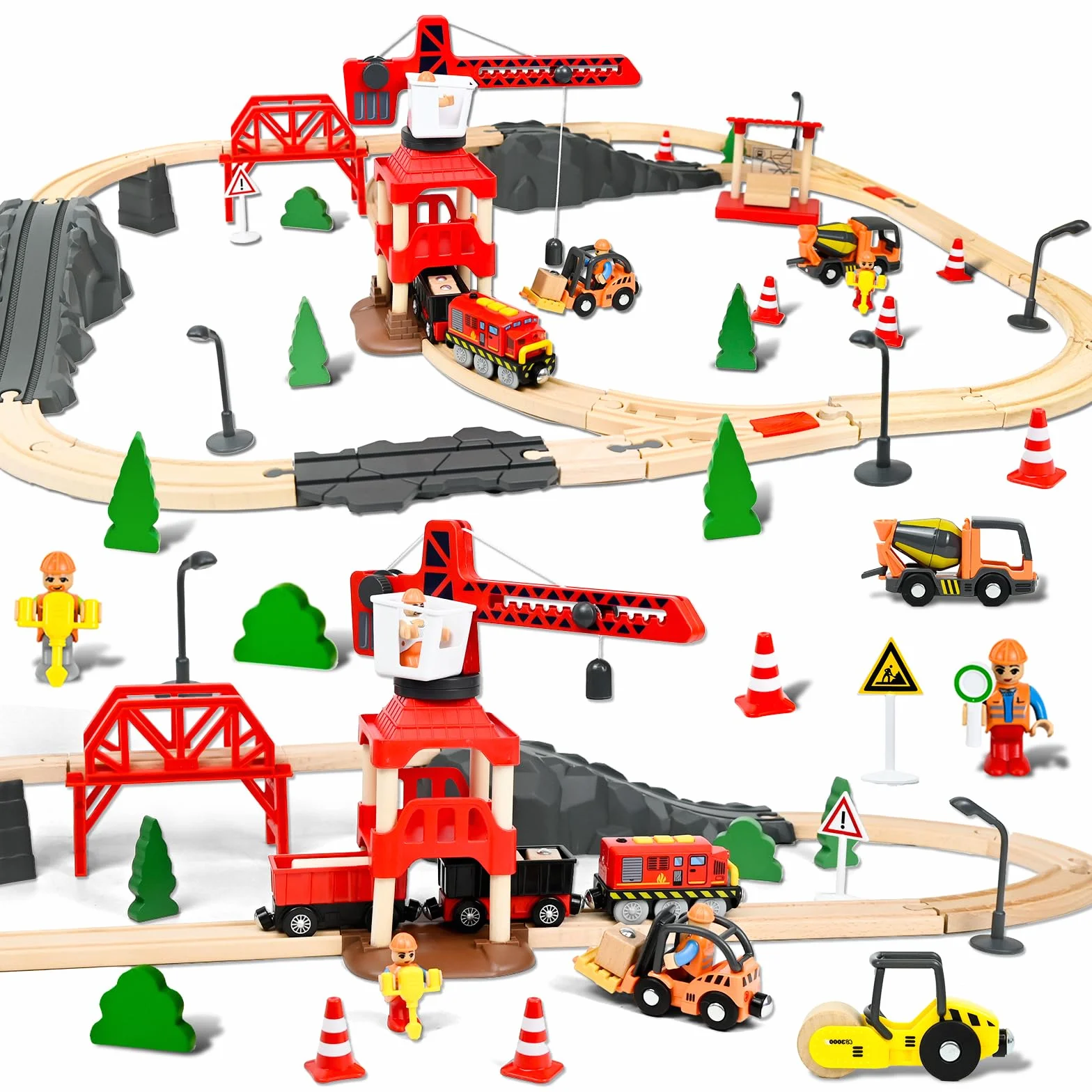 FORMIZON 87 Piezas Pistas de Tren Madera, Ferrocarril Madera con Tren Eléctrico y Coche de Bomberos, Tren Juguetes Regalos de Cumpleaños y Navidad para Niños, Compatible con Las Principales Marcas