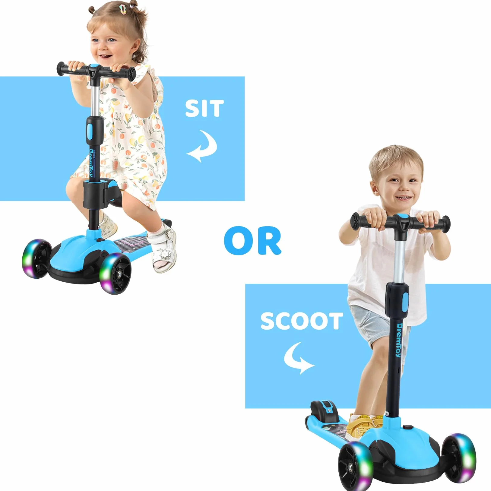 BremToy Patinete para Niños de 1 a 12 Años, Ajuste de Altura Infinito, Patinete con Asiento Extraíble, 3 Ruedas Brillantes LED, Carga Máxima 50KG, Regalos para Niños