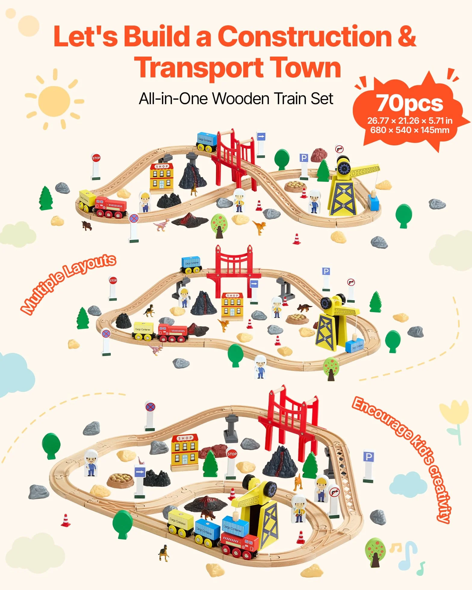 VEVOR Juego de Tren de Madera con Pistas, 70 Piezas con Accesorios, Grúa Magnética Camión Dinosaurio, Diseños Múltiples, Set Educativo, Juguete Compatible con Marcas Principales para Niños 3 a 8 Años
