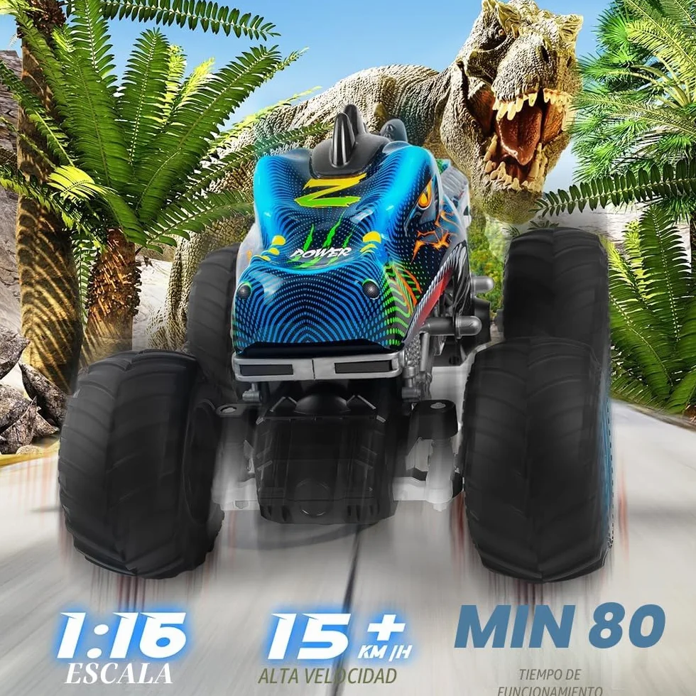 Coche teledirigido 1:16 RC Dinosaurios Monster Truck 2.4GHz 20 Km/h Radiocontrolado Todo Terreno con Niebla rociadora música Luces LED Regalo para niños de 4 5 6 8 años