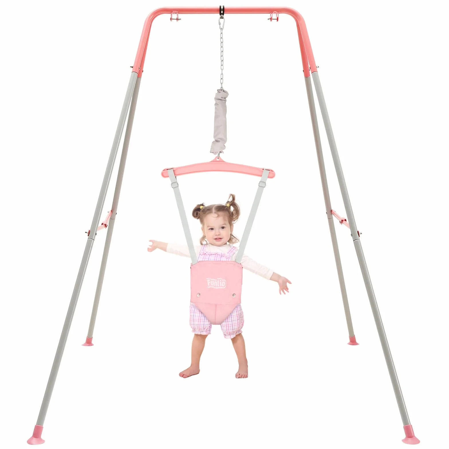 FUNLIO Saltador de Puerta con Soporte para bebé （6-24 Meses Juego de Ejercicio de Columpio para Jugar en Interiores/Exteriores para bebé niña/niño, con Cadena Ajustable, fácil de Montar - Rosa
