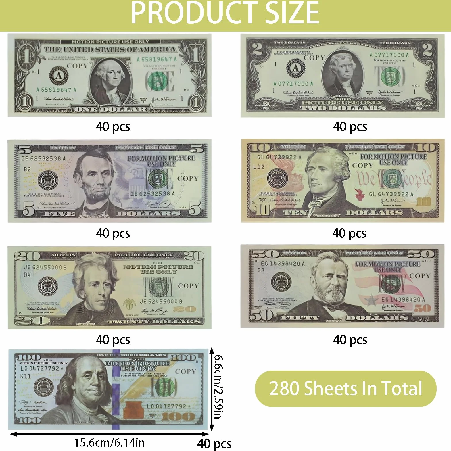 280 Piezas Prop Money,Billetes Dolar Falsos,Copy Money,Dinero de Juguete Dollars,Dinero de Juguete Ddólares para Niños,para Educación Niños/Películas/Fiestas Decoración(40 x 1$,2$,5$,10$,20$,50$,100$)