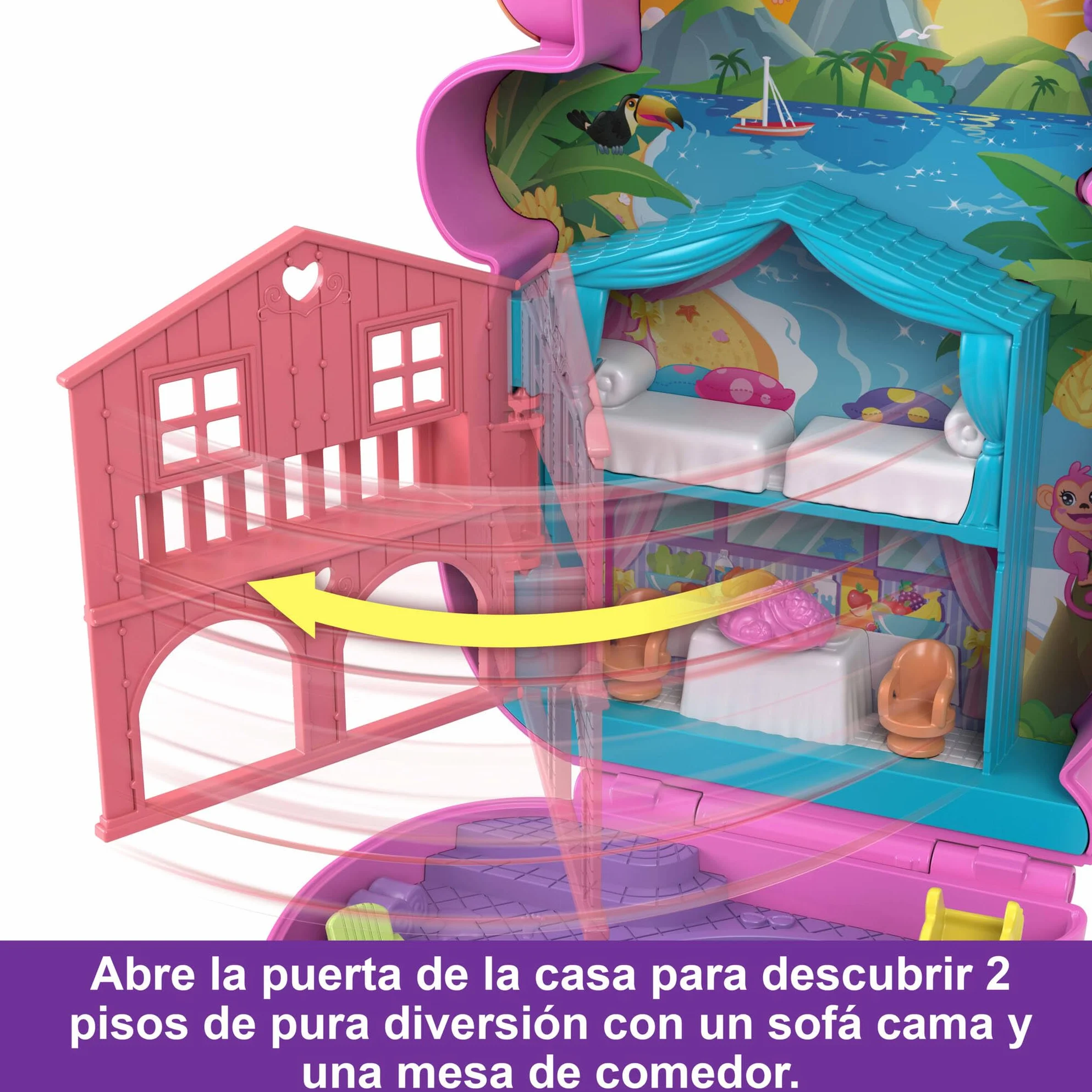 Polly Pocket Adventures in Rio Mamá mono y su bebé, Cofre-bolso 2 en 1, 2 sets de juego que incluyen 2 mini muñecas, animales y teleférico, juguete regalo para niños y niñas +4 años, HWP04