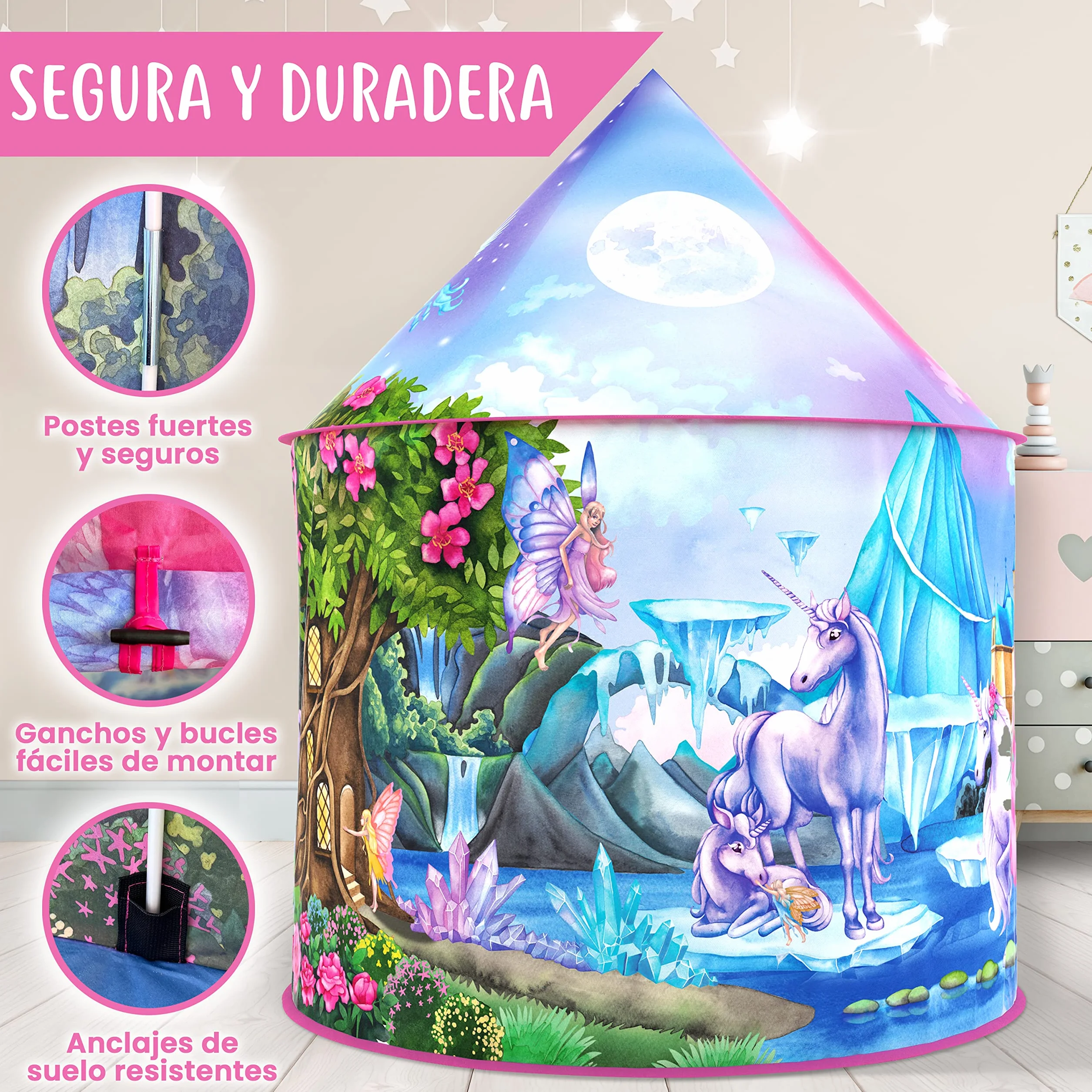 W&O Tienda de campaña de Unicornio arcoíris para niñas con sonidos mágicos y juguetes de unicornio, tienda de princesa para niñas