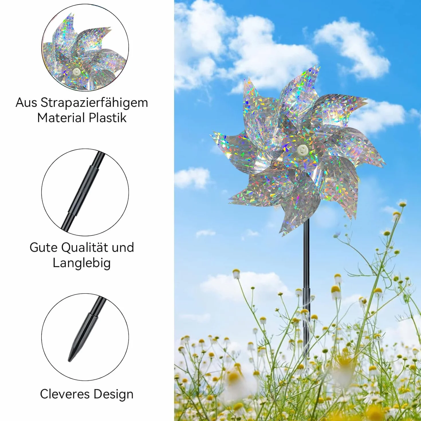 ERBO 5 molinillos de viento, antipalomas para balcón, molinillo de viento, jardín, ruedas reflectantes, espantapájaros para balcón, jardín, patio, huerto (plata)
