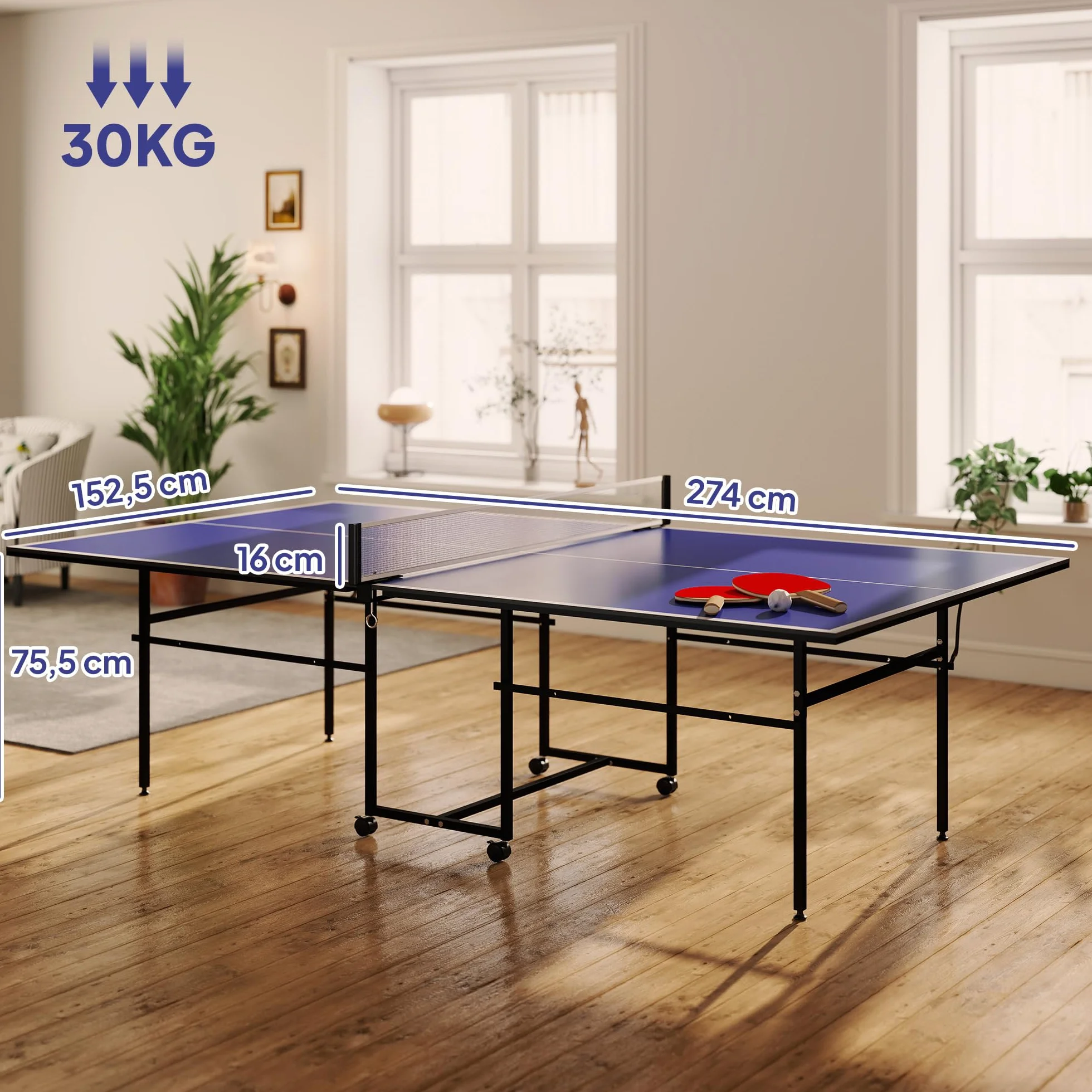 SPORTNOW Mesa de Ping-Pong Profesional Plegable con 4 Ruedas, Red, 2 Palas y 3 Pelotas 274x152,5x75,5 cm Azul