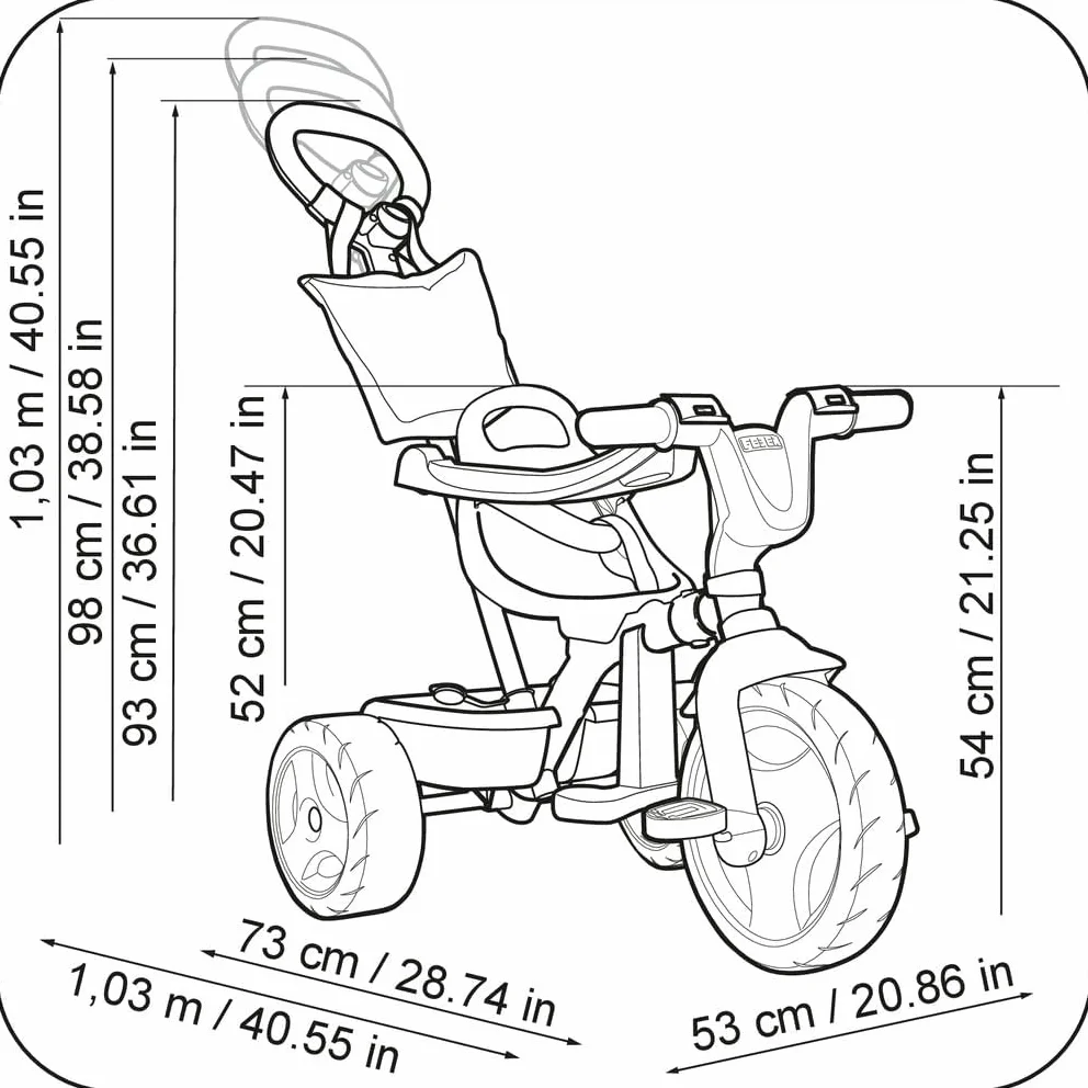FEBER - EVO Trike Plus, Triciclo para Niños con Estructura Metálica y Cinturón de Seguridad, 2 Posiciones, Silla de Empuje y Mando para Música con Altavoz, 9 Meses+, Azul, Famosa (800010946)