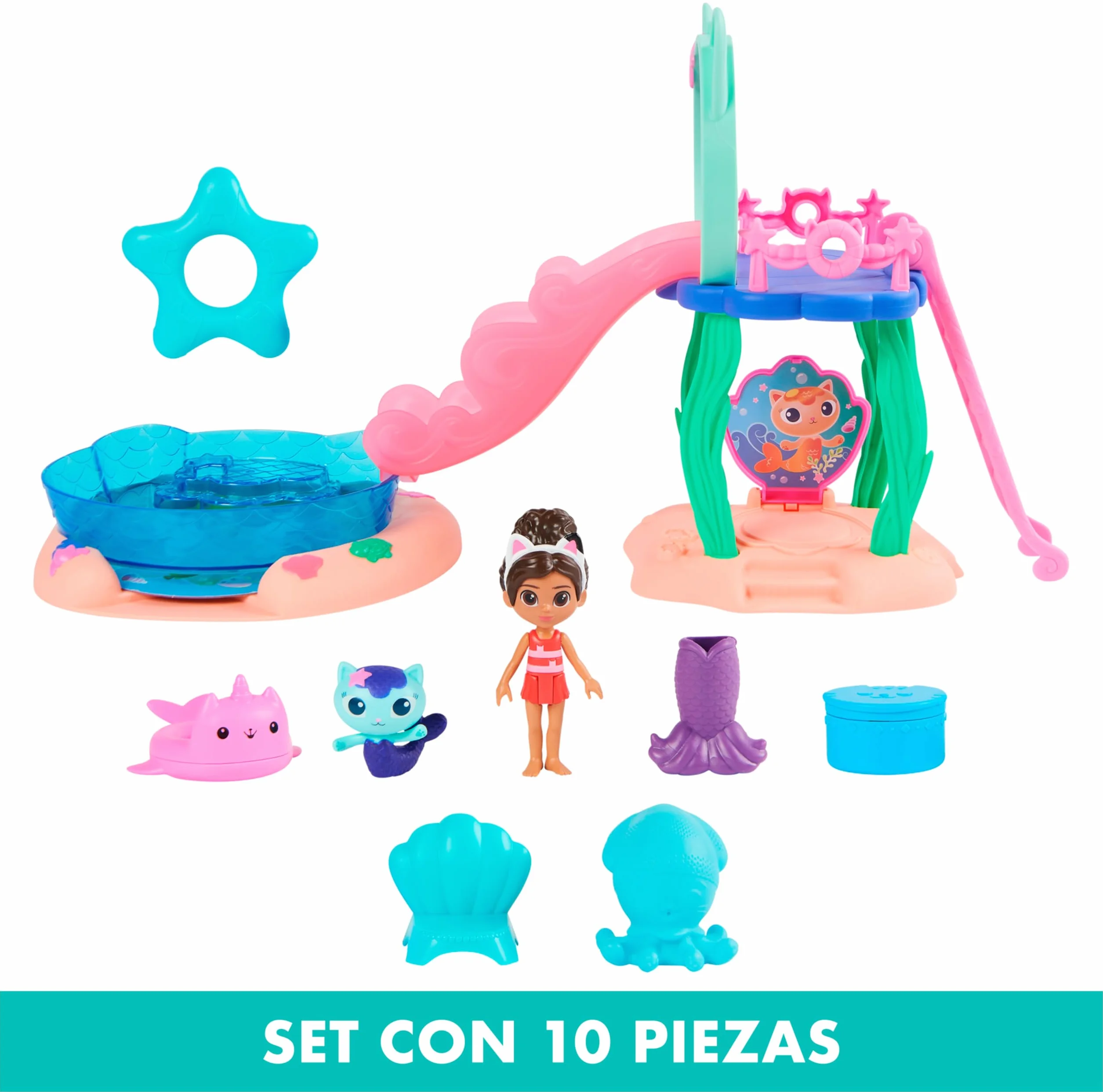 LA CASA DE MUÑECAS DE GABBY - Piscina con Figura de Gabby y Siregata, Colas de Sirena que Cambian de Color y Accesorios de Piscina - 6067878 - Juguetes Niñas 3 Años + Regalo Niña 3 años +