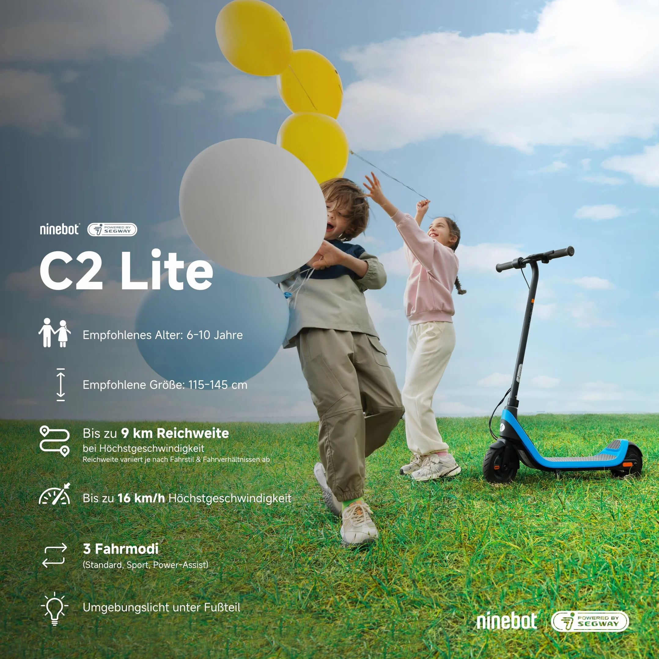 Segway-Ninebot C2 Lite, Patinete Eléctrico para niños y Adolescentes, máximo 16 km/h, 14 km de autonomía, 3 Modos de conducción