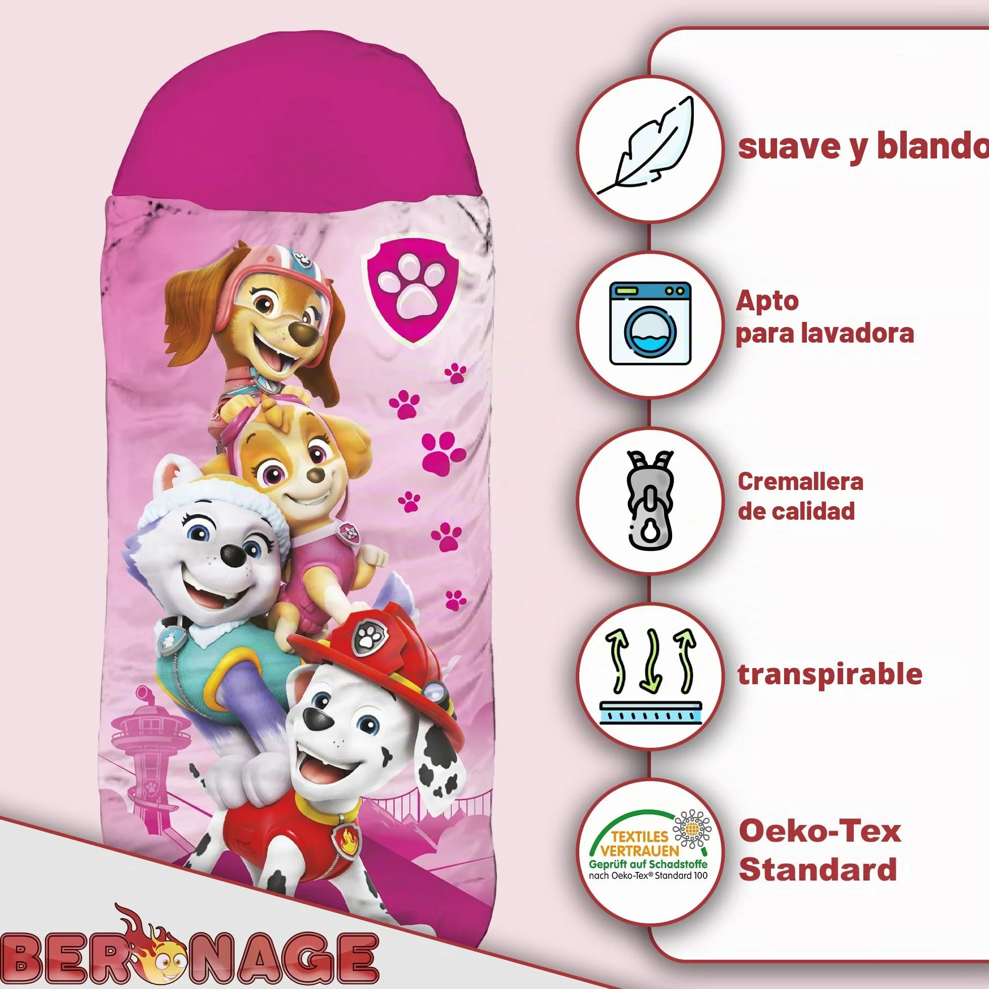 Saco de dormir infantil Paw Patrol – Rosa 140 cm + 30 cm (capucha) x 70 cm ideal para exteriores/interiores con Skye, Everest, Liberty, Marshall, saco de dormir momia para niñas y niños con cremallera