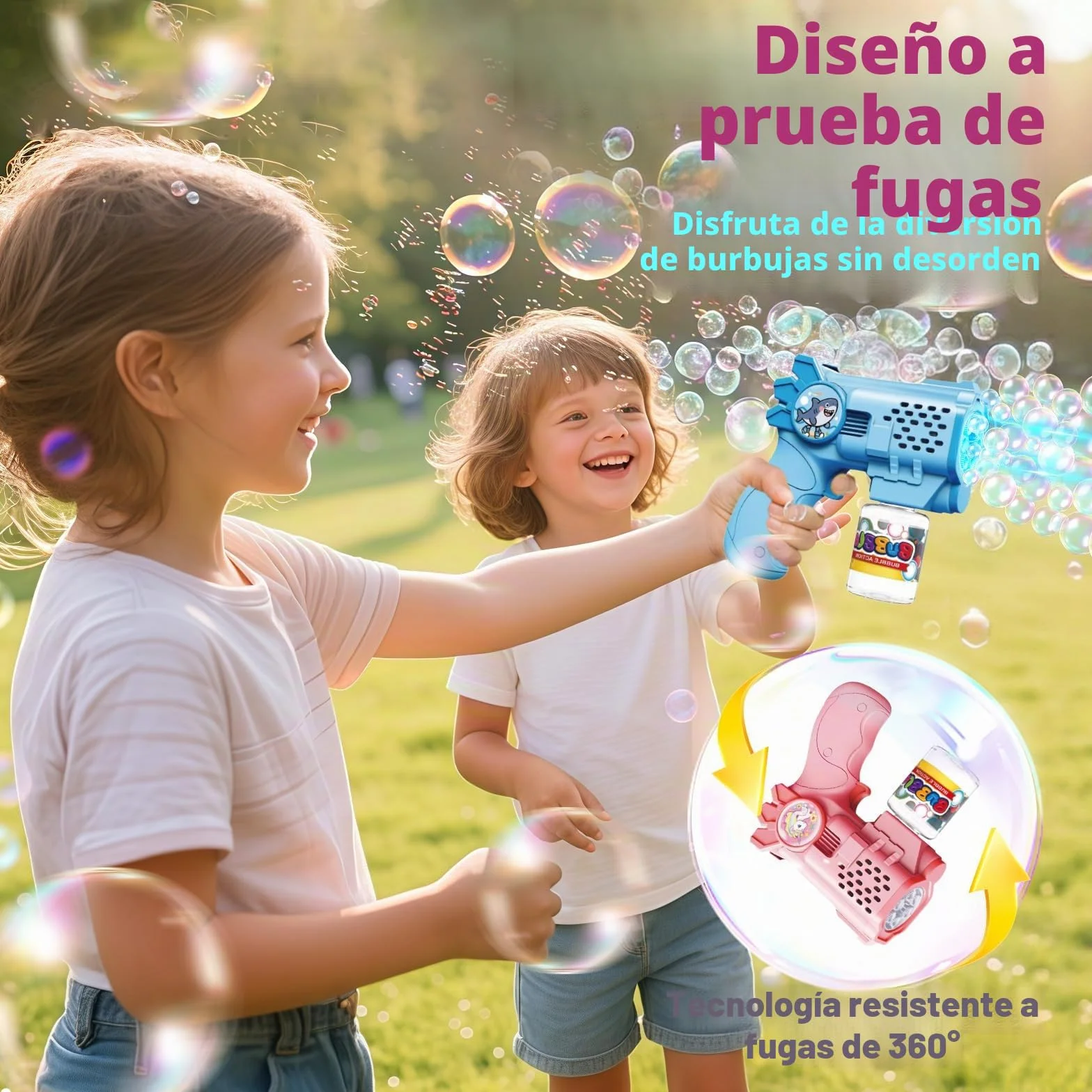 Tecnock Pack de 3 Pistolas de Burbujas Automáticas para Niños, 12 Pilas AA Incluidas, 3 Botellas de Solución y 5 Recargas, Ligeras, Antiderrames, Regalo de Cumpleaños y Detalles para Fiestas