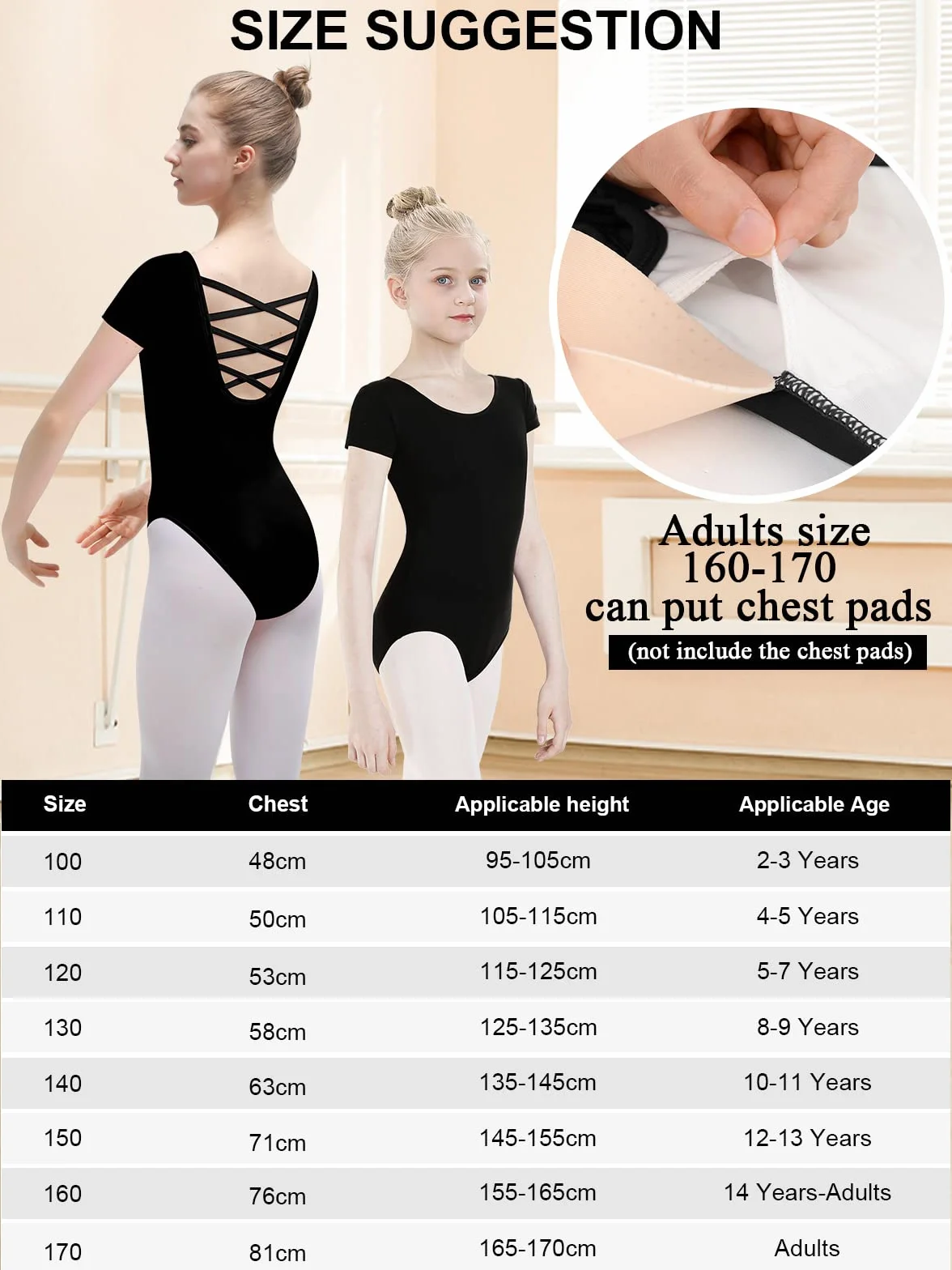 Leotardos de gimnasia de algodón de manga corta para niñas mujeres talla 100-170