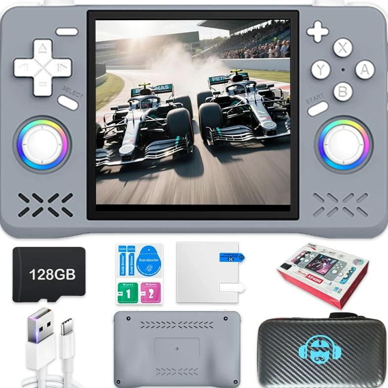 Nueva consola de juegos de mano retro, pantalla IPS de 4 pulgadas con bolsa de almacenamiento, 64 G integrada con 18000 juegos, sistema Linux, mini arcade de bolsillo portátil (gris, 128 g)