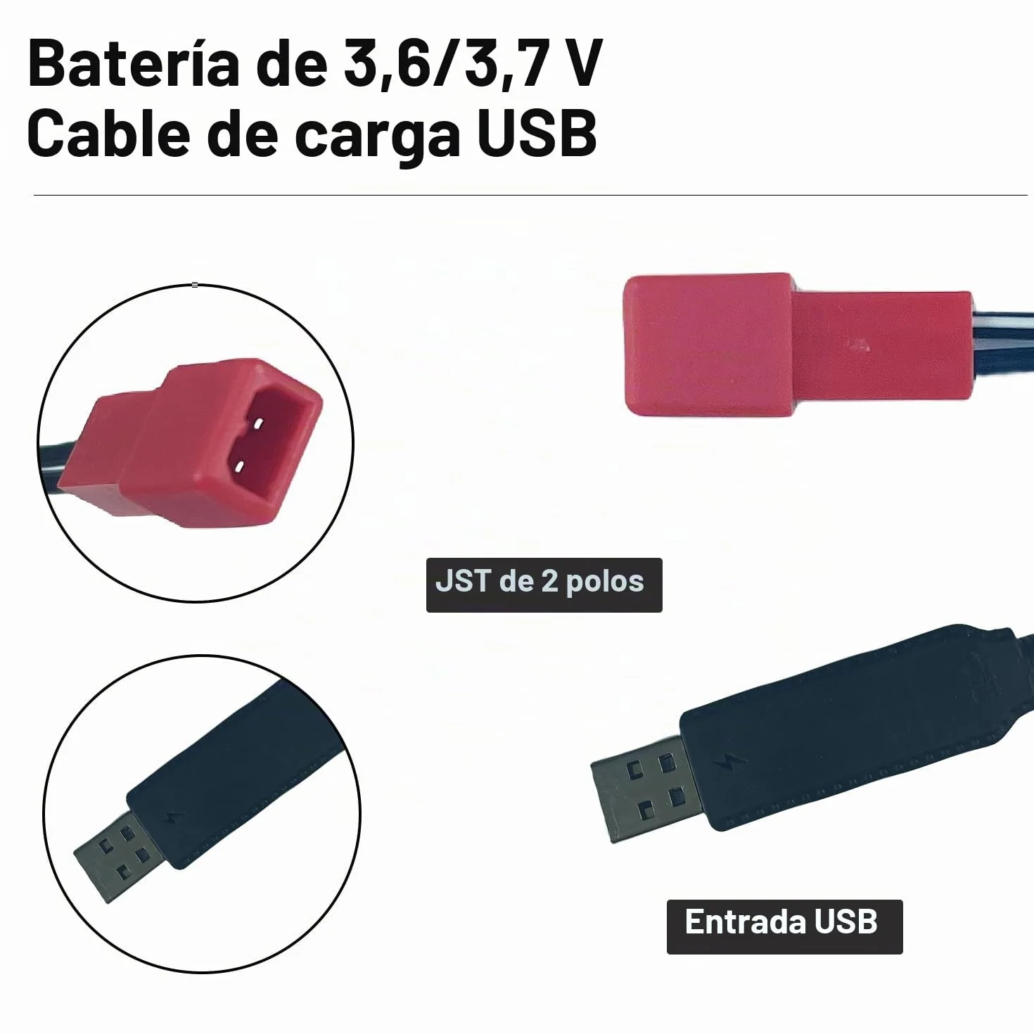 Cable USB 3.7V con Enchufe JST 2PIN para Cargador Batería Lipo RC Coche Drone