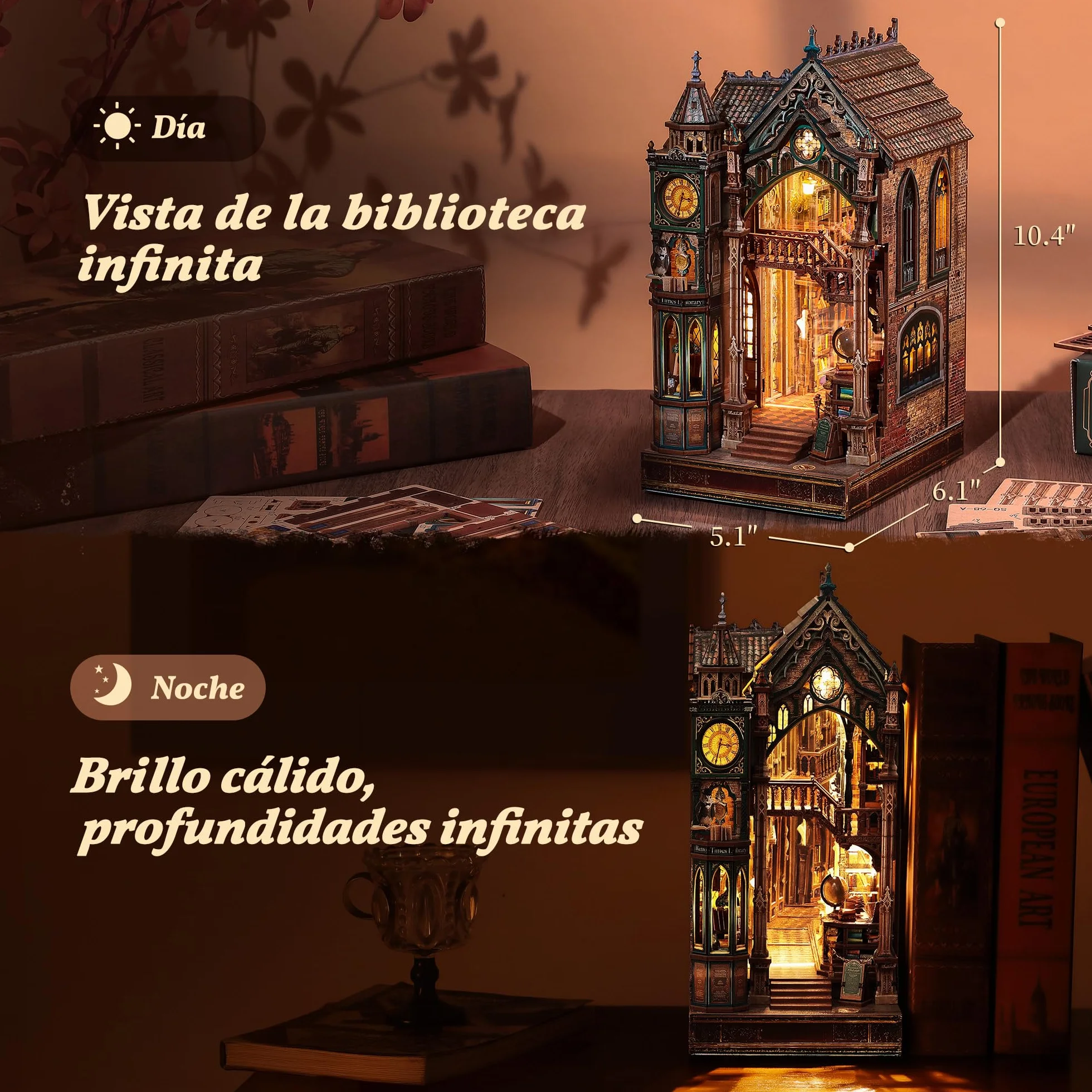 FUNPOLA Magic Library Book Nook Kit – Puzzle 3D de Madera con Espejo Infinito LED – Decoración DIY para estantería