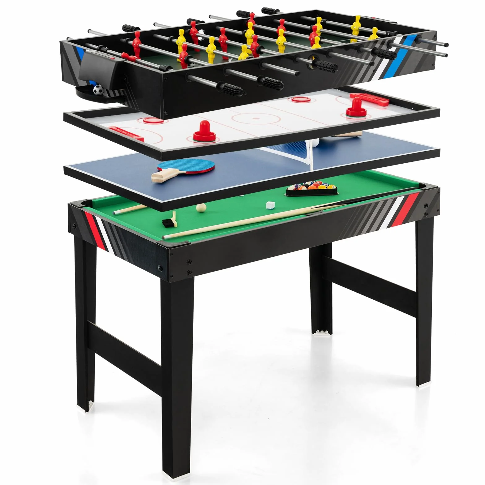 GOPLUS 4 en 1 Juegos de Mesa Adulto y Niño, Mesa Multijuegos de Fútbolin, Hockey, Ping-Pong, Billar, 125 x 97 x 83 cm，2-4 Juegos Interactivos para Hogar, Fiesta, Negro