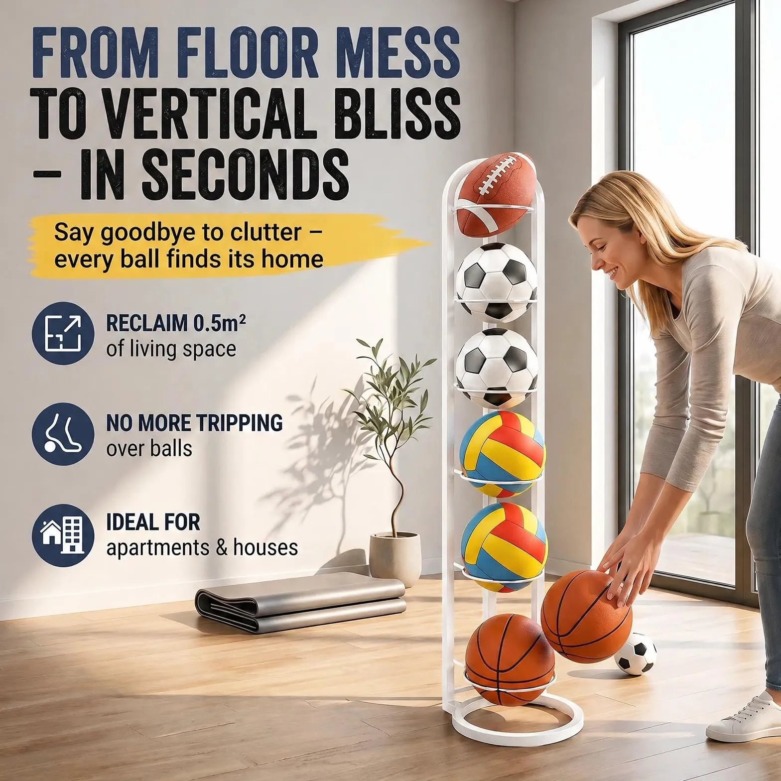Estante de Almacenamiento de Pelotas de 6 Niveles, Soporte Vertical Extraíble para Baloncesto Fútbol Rugby Voleibol