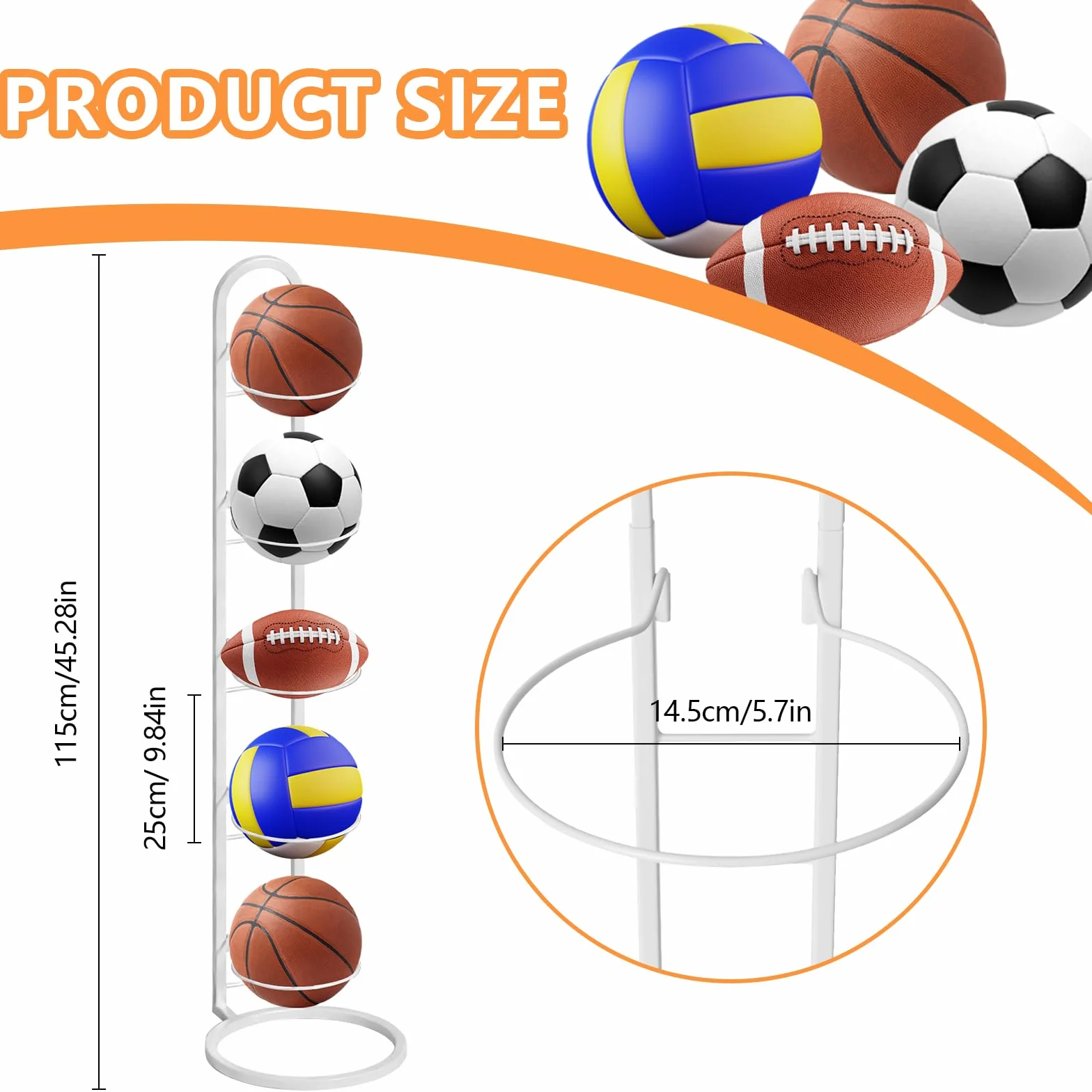 Estante vertical para pelotas de metal Blanco 5 pisos, soporte balón fútbol, baloncesto y vóley