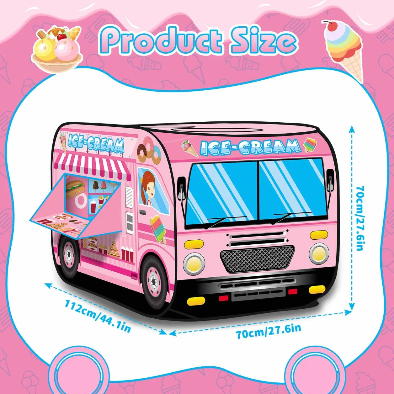 deAO Casita de Juegos Carpa Infantil Tienda con Diseño Pop Up Auto Armable Montaje Rápido Actividades Recreativas al Interior Exterior Área de Recreo (Heladería, Camión de los Helados)
