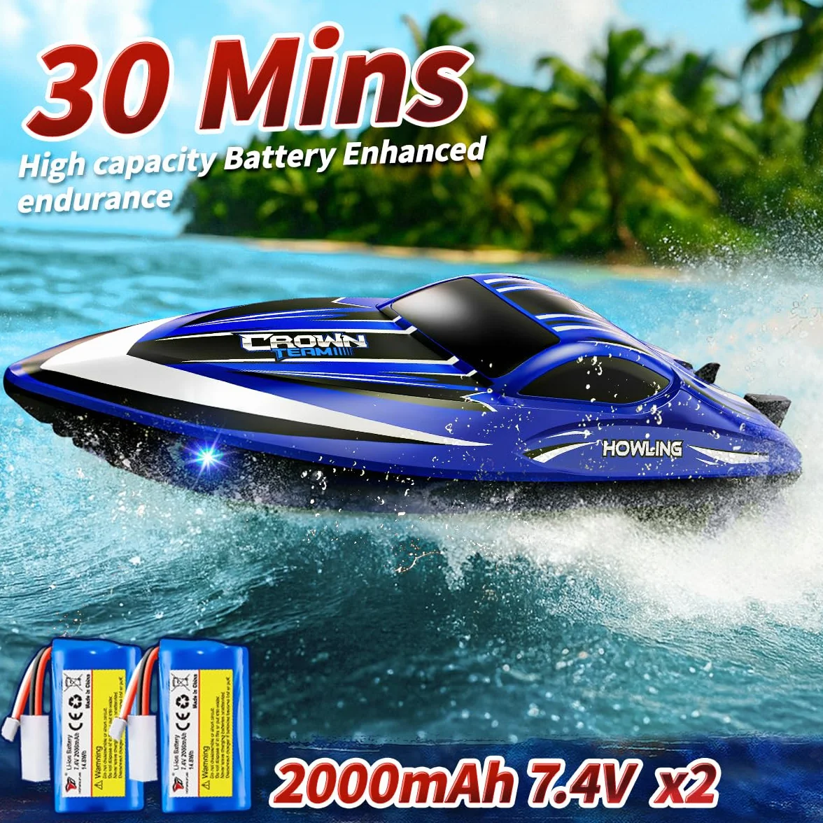 Barco teledirigido RC 35 km/h,barco de control remoto rápido e impermeable 2.4GHz,LED, Función de volteo,alarma de batería y alcance,2 baterías ,para niños y adultos, piscina y lago,Regalos divertidos