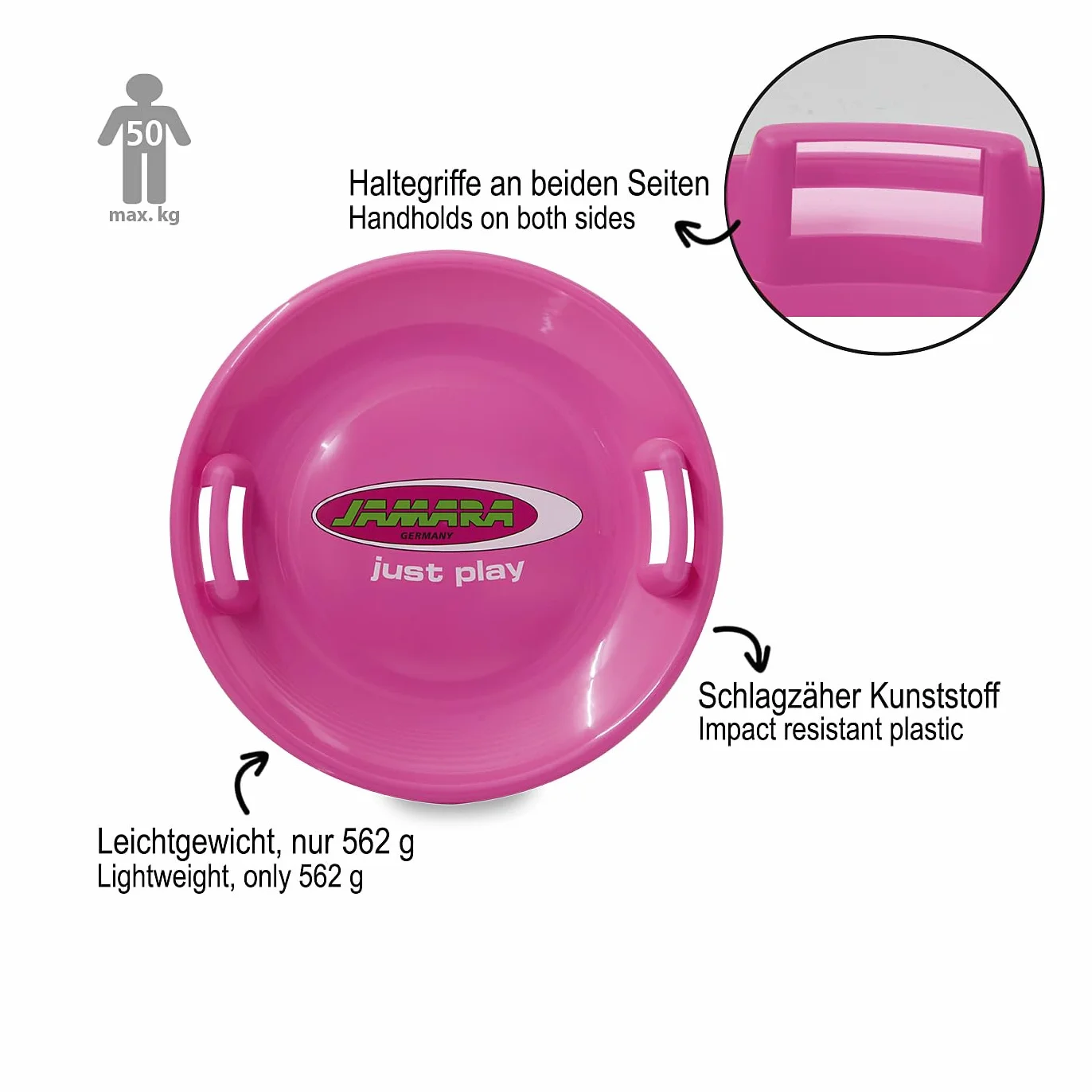 JAMARA - Snow Play Rutschteller 60cm-Haltegriffe an beiden Seiten, langlebiger, robuster Kunststoffkörper, Leichtgewicht mit Nur 555 g