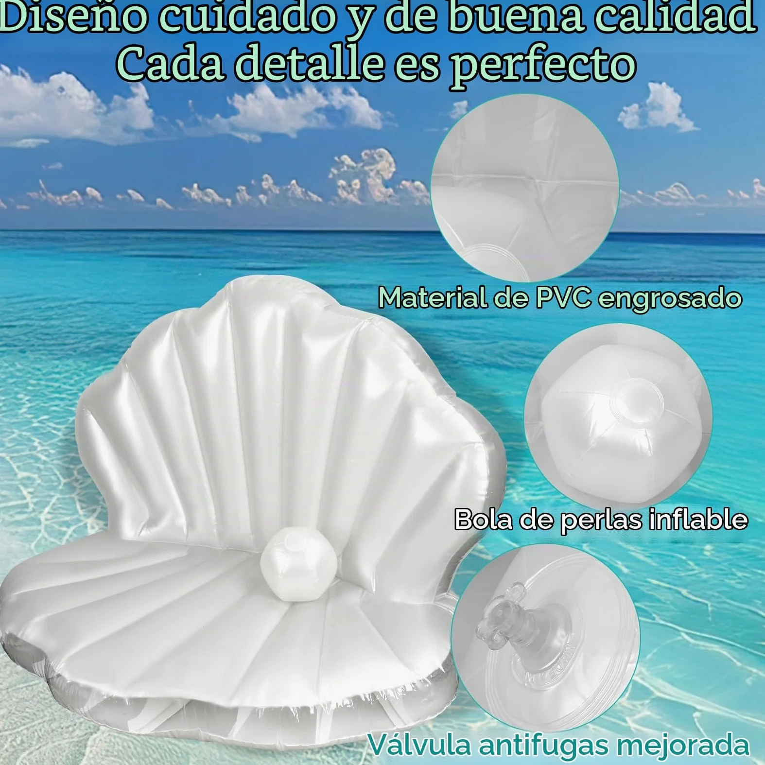 BOXOB Flotador de Piscina de Concha Marina, 144cm Grueso Inflable Gigante con Bola Perla para Despedidas Oltera Temática Oceánica y Verano Playa Divertida Fiesta en la Piscina Decoración