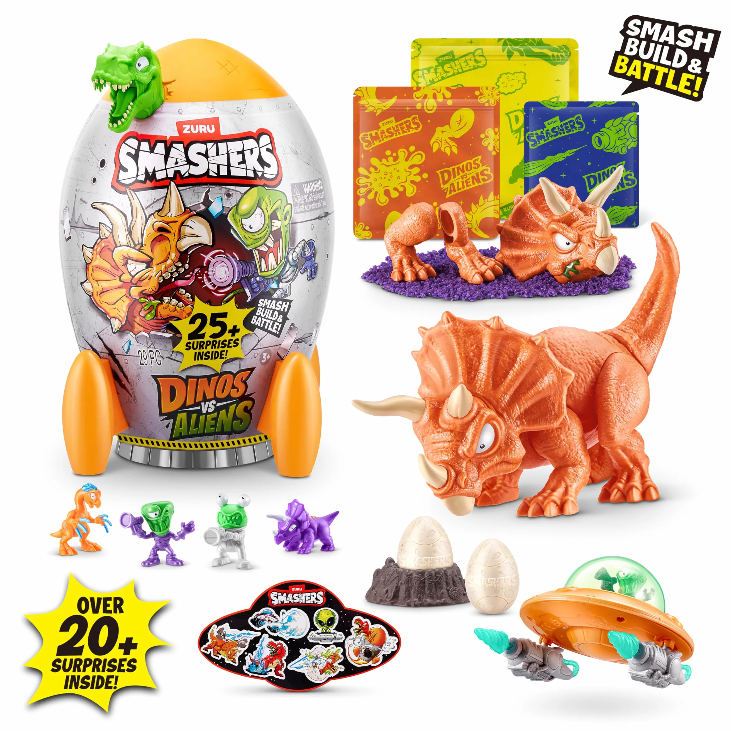 Smashers Dino vs Aliens Medium de ZURU, Huevo de Juguete aplastable para niños (Triceratops)