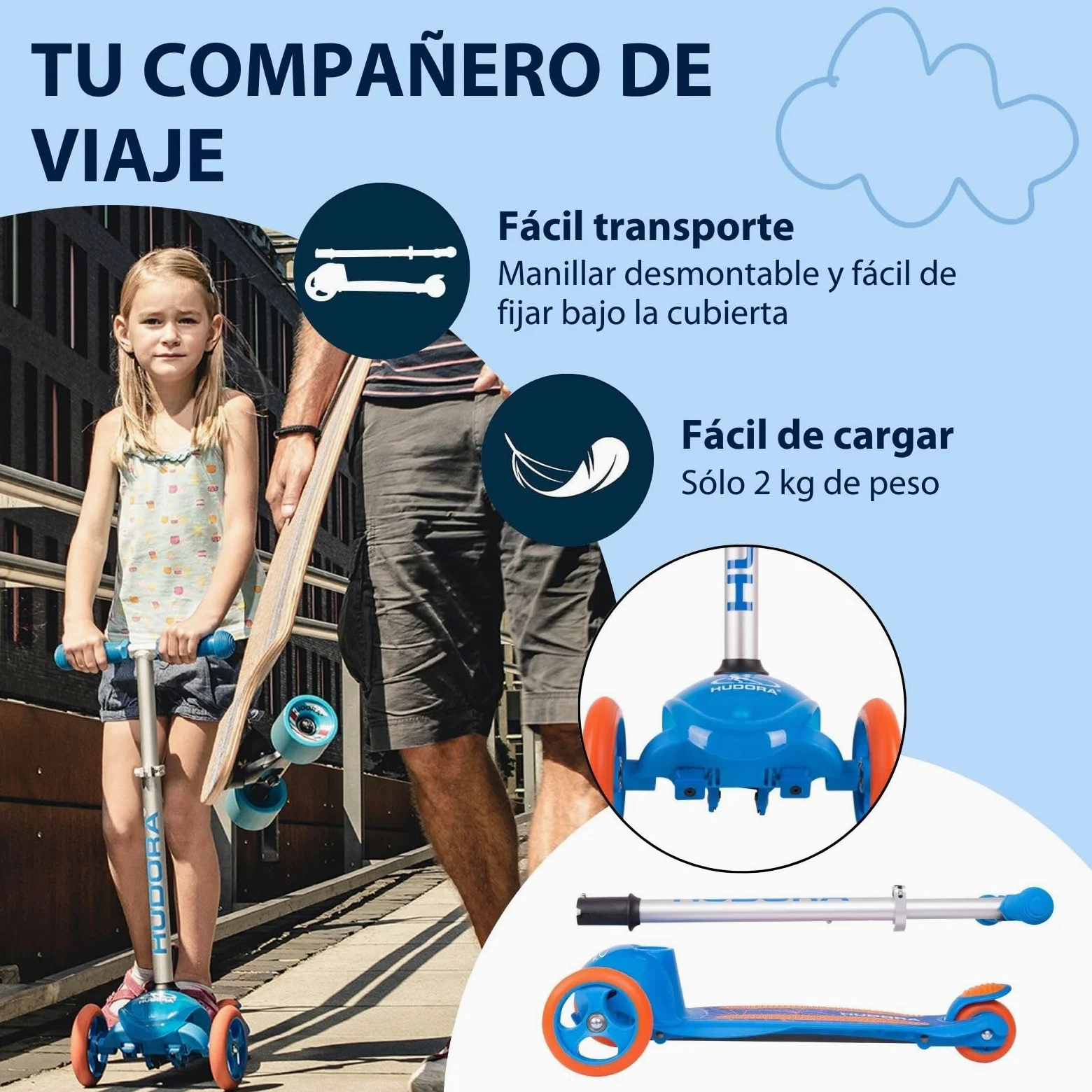 HUDORA Scooter Flitzkids 2.0 I Patinete para niños resistente con amplia plataforma I Scooter de tres ruedas mini ajustable en altura y portátil para hasta 50 kg I Patinete de aluminio para niños