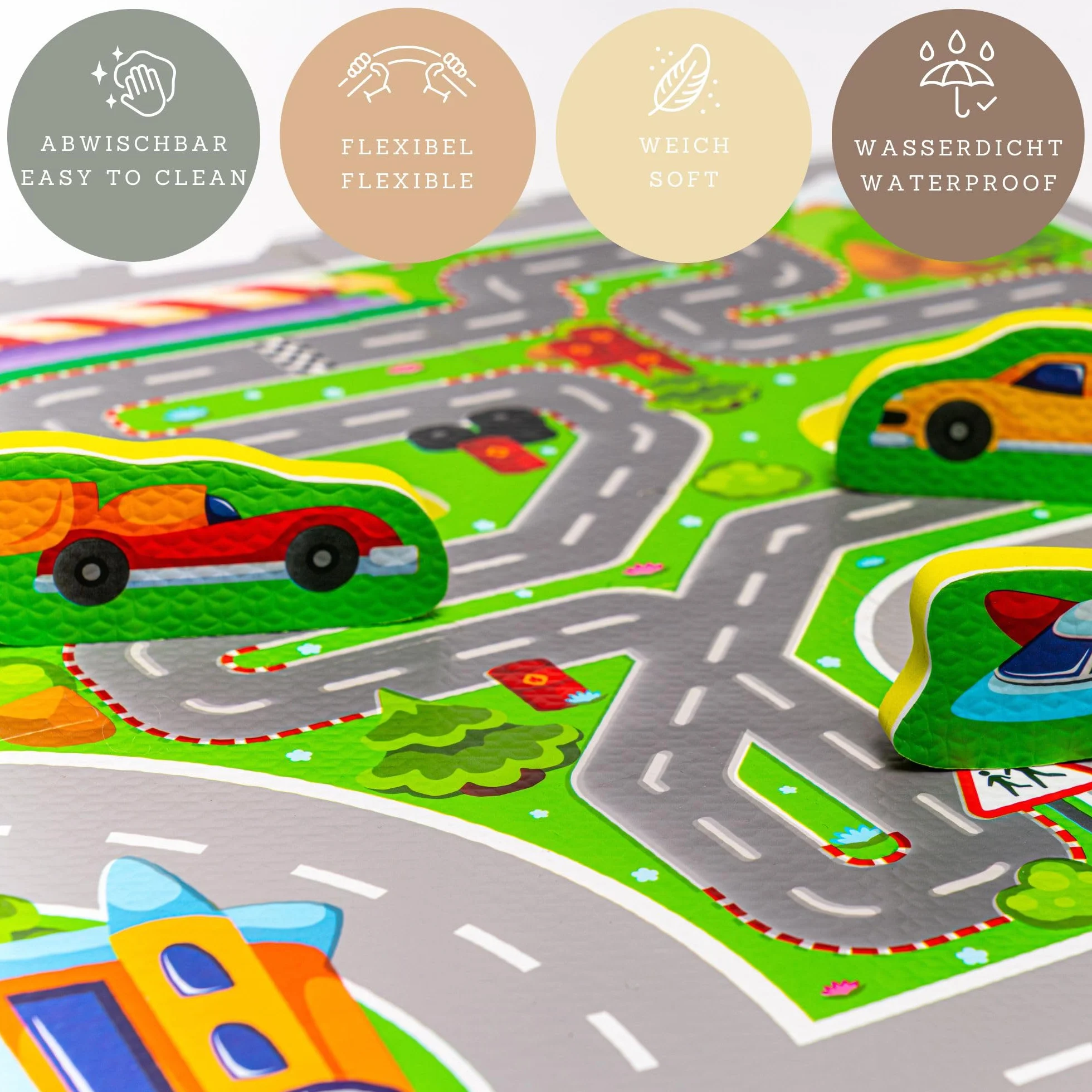 Alfombra Puzzle Infantil Coches 1,2 x 1,2m 16 Piezas Interconectadas Gruesa EN-71 Sin Olor