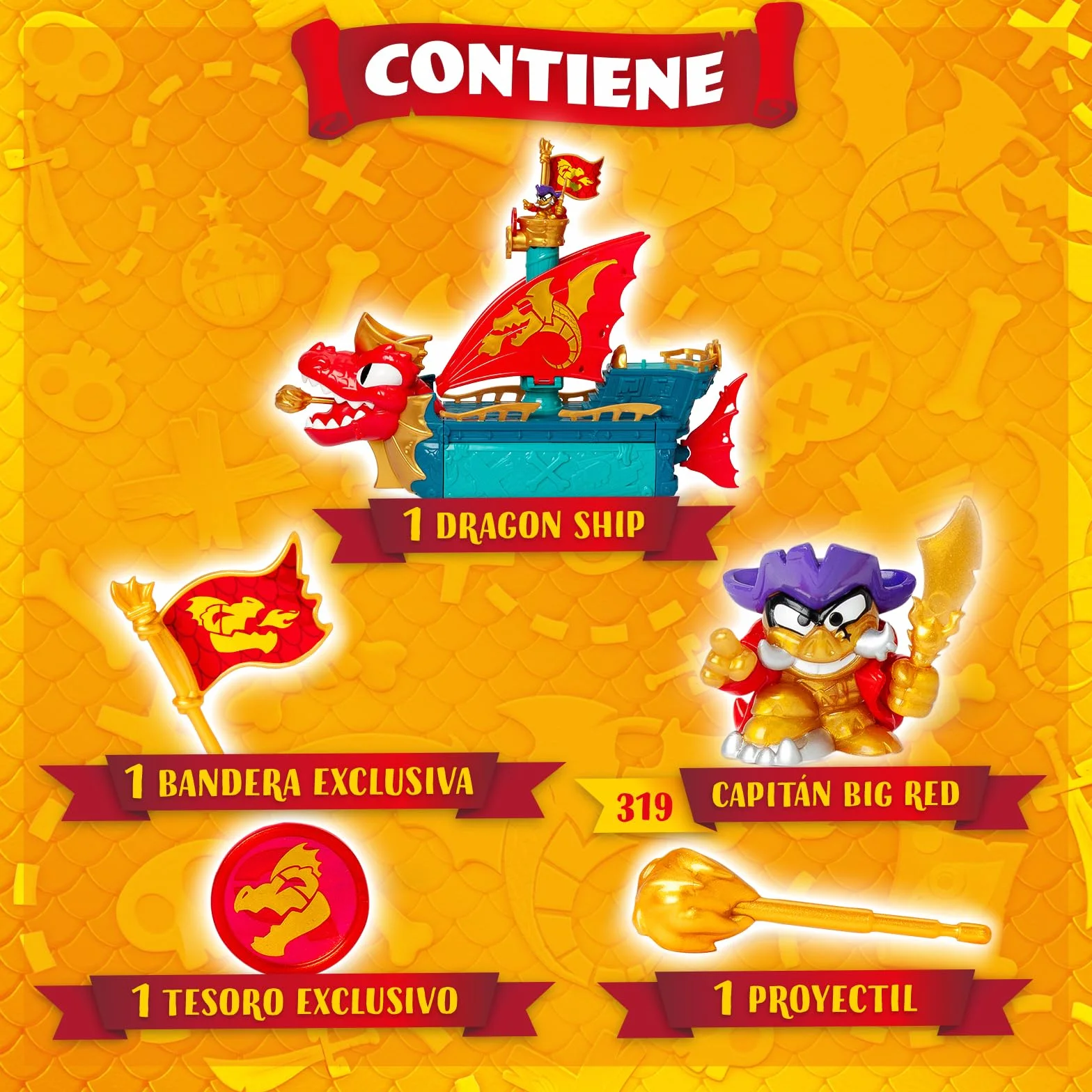 PIRATIX Dragon Ship – Barco Dragón de Piratix Todo Terreno 3 en 1: Tierra, Mar y Aire. Contiene 1 Barco Dragón, 1 Piratix Exclusivo, 1 Tesoro Exclusivo, 1 Bandera y 1 proyectil
