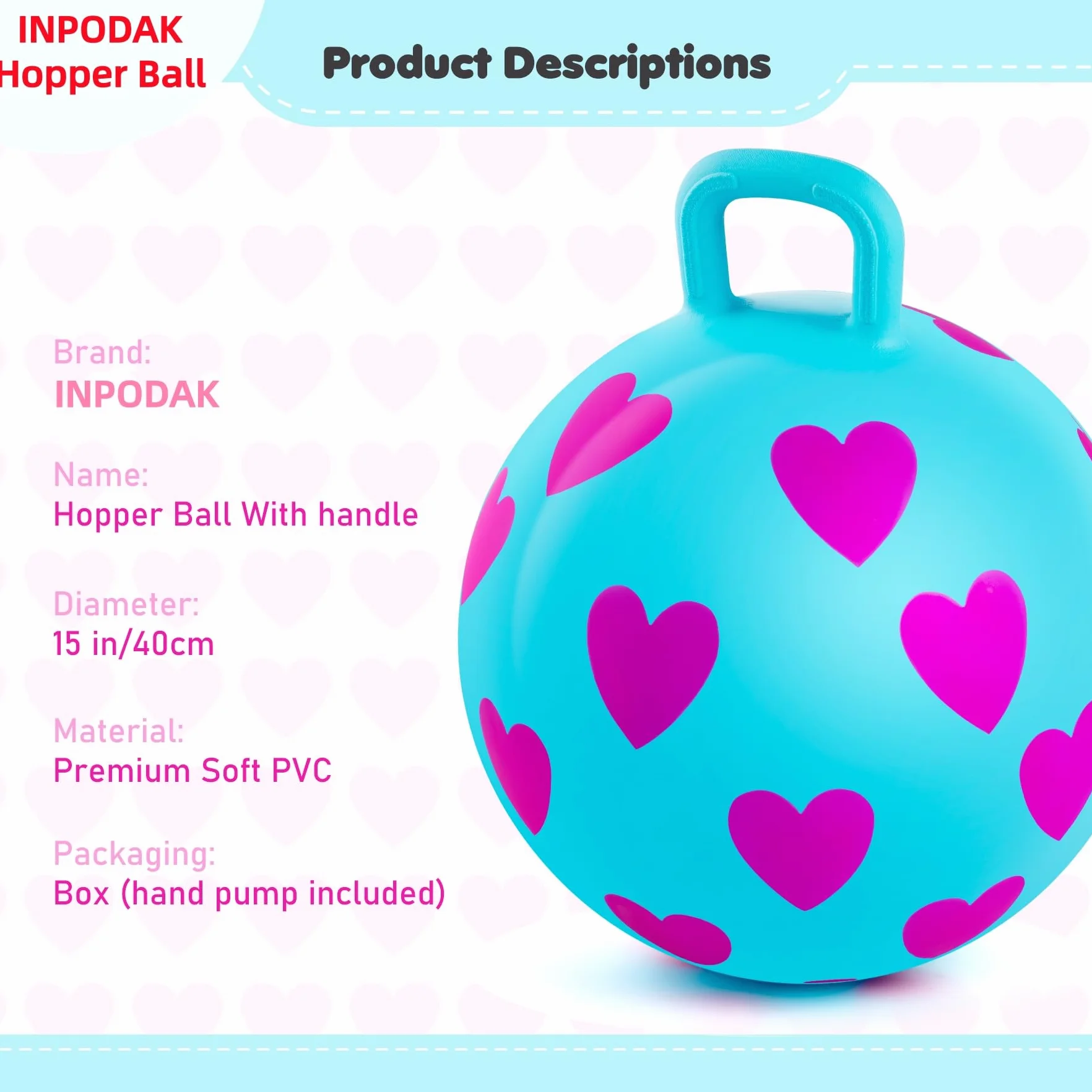 INPODAK Pelotas Saltarinas para Niños 40cm Pelota Saltarina con Asa Bola Hopper de 15 Pulgadas Resistente hasta 100 kg Pelotas Saltarinas Inflables Space Hopper para Niños de 3 a 6 Años